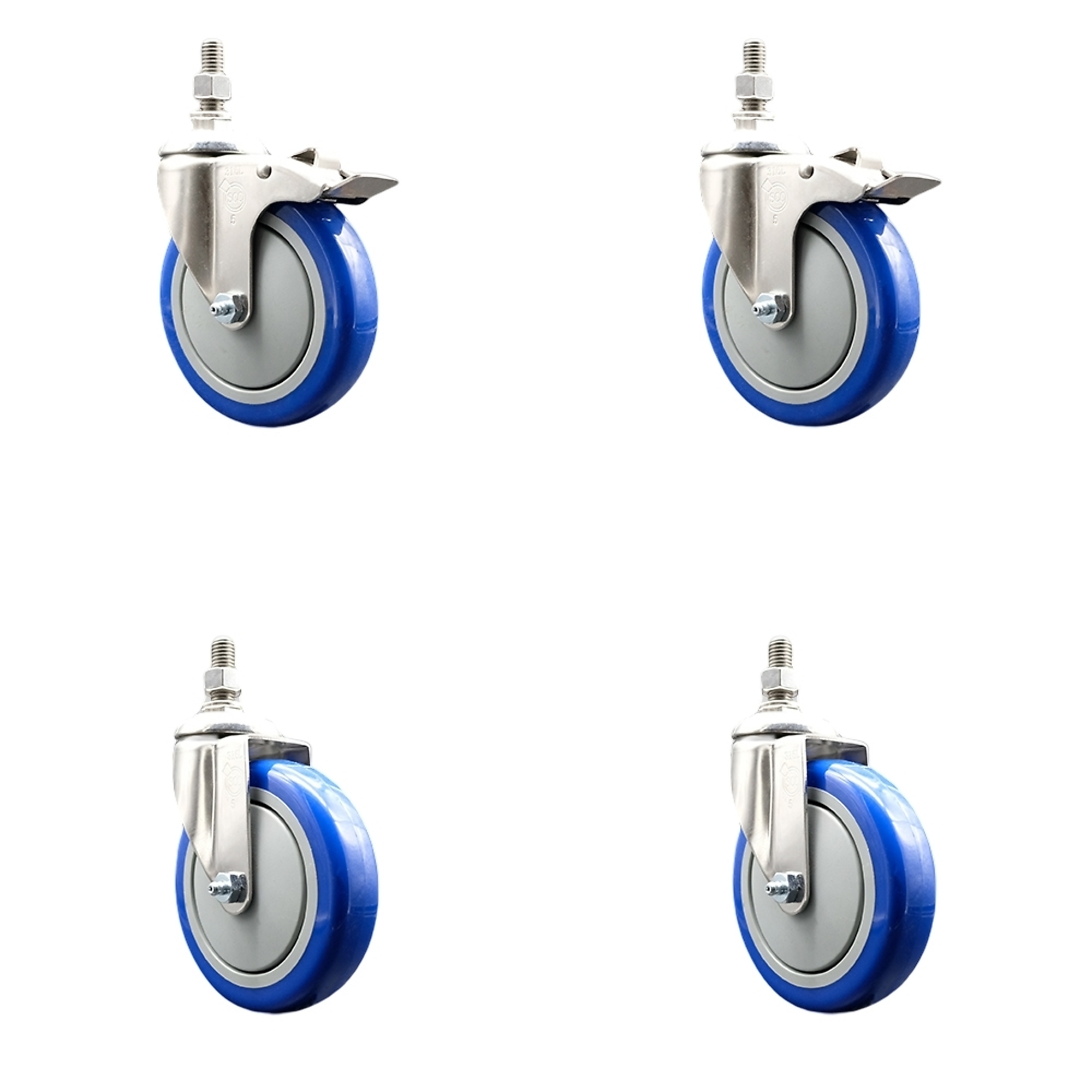 Service Caster, 5Inch x 1 1/4Inch Stem Casters, Wheel Diameter 5 in, Caster Type Swivel, Package (qty.) 4, Model SS316TSTTL20S514-PPUBBLUE-381615-2S2