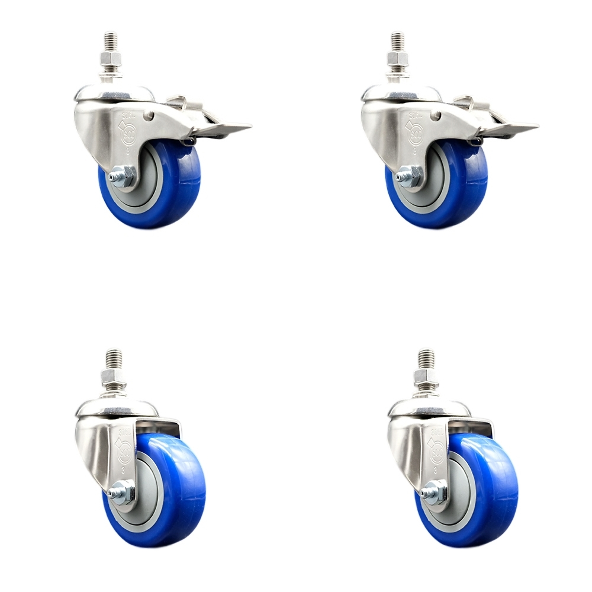 Service Caster, 3Inch x 1 1/4Inch Stem Casters, Wheel Diameter 3 in, Caster Type Swivel, Package (qty.) 4, Model SS316TSTTL20S314-PPUB-BLUE-M1015-2S2