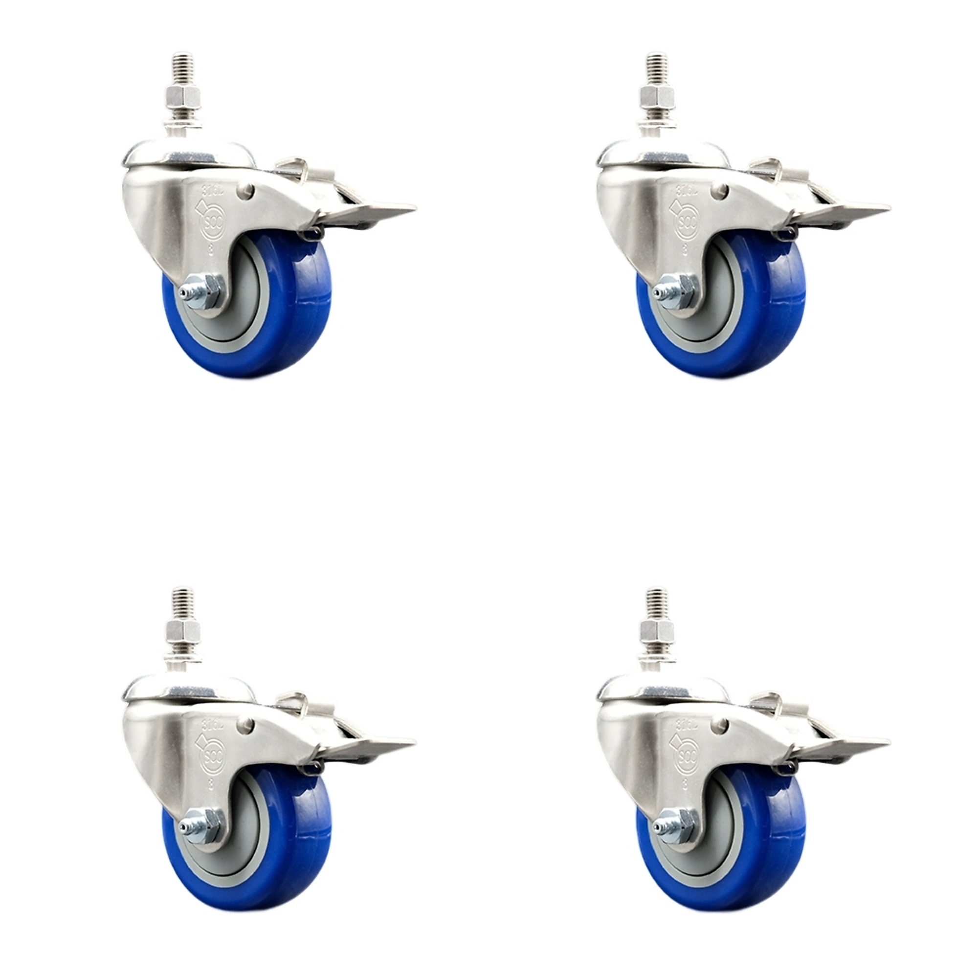 Service Caster, 3 1/2Inch x 1 1/4Inch Stem Casters, Wheel Diameter 3.5 in, Caster Type Swivel, Package (qty.) 4, Model SS316TSTTL20S3514-PPUB-BLUE-