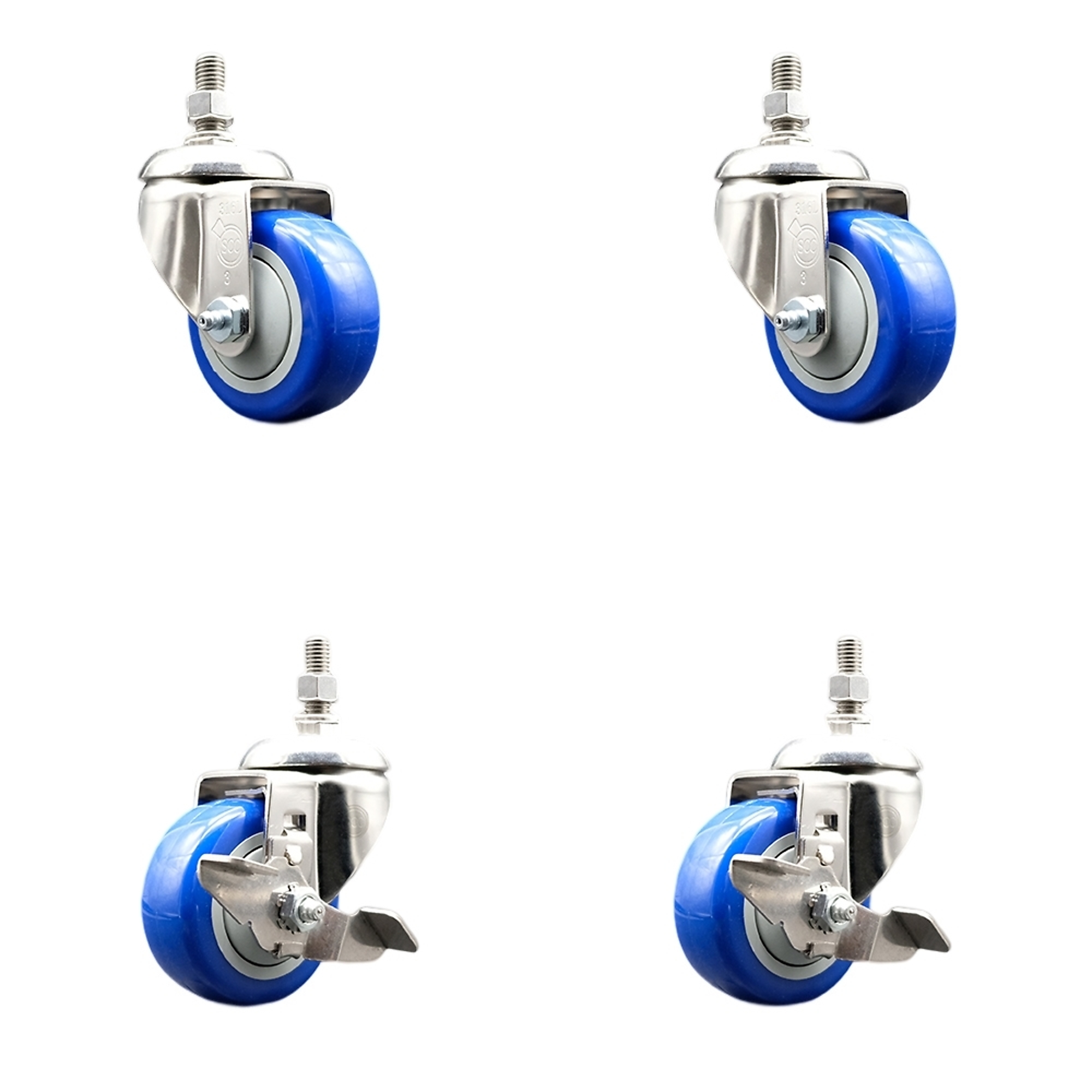 Service Caster, 3Inch x 1 1/4Inch Stem Casters, Wheel Diameter 3 in, Caster Type Swivel, Package (qty.) 4, Model SS316TS20S314-PPUB-BLUE-M1015-2-TLB2