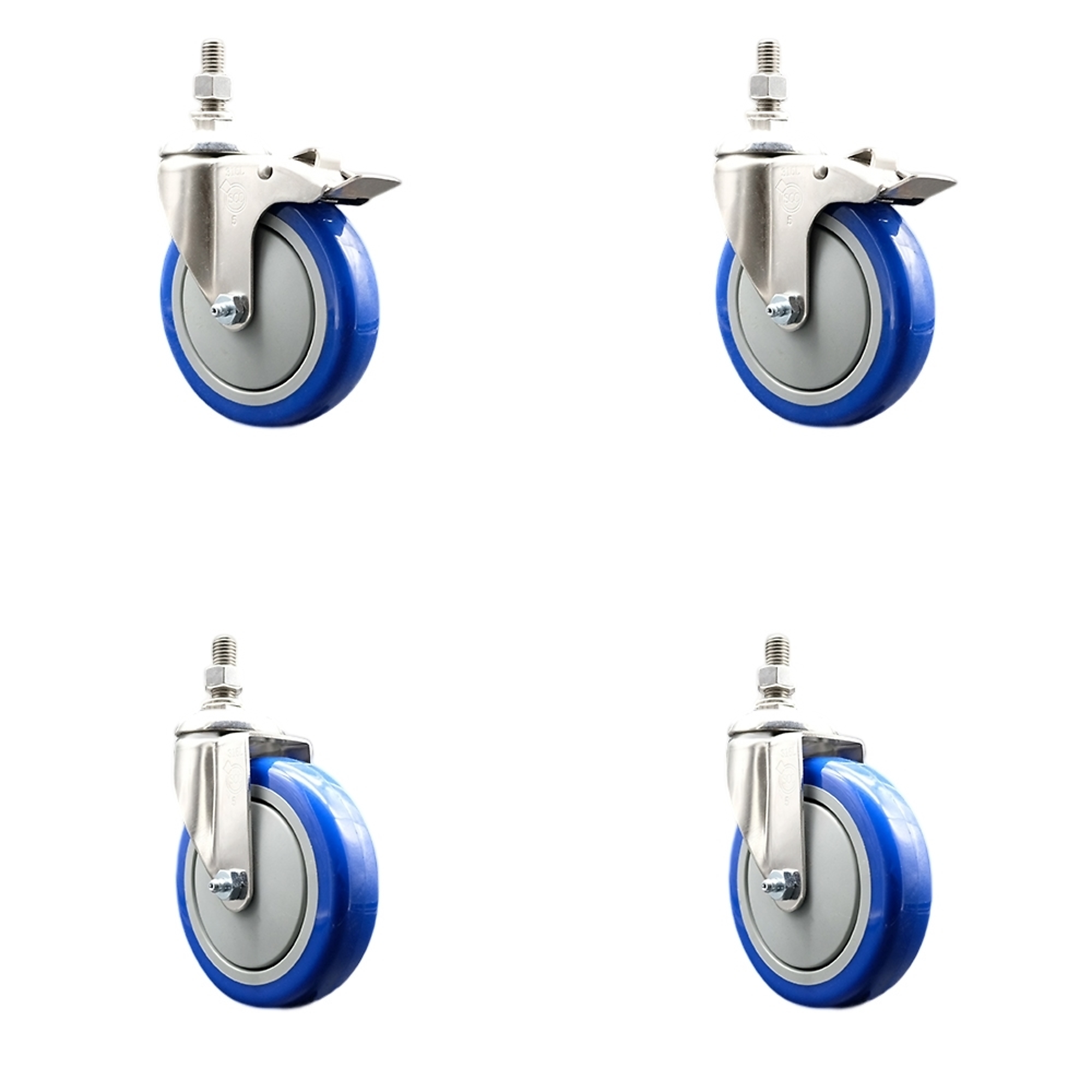 Service Caster, 5Inch x 1 1/4Inch Stem Casters, Wheel Diameter 5 in, Caster Type Swivel, Package (qty.) 4, Model SS316TSTTL20S514-PPUB-BLUE-M1015-2S2