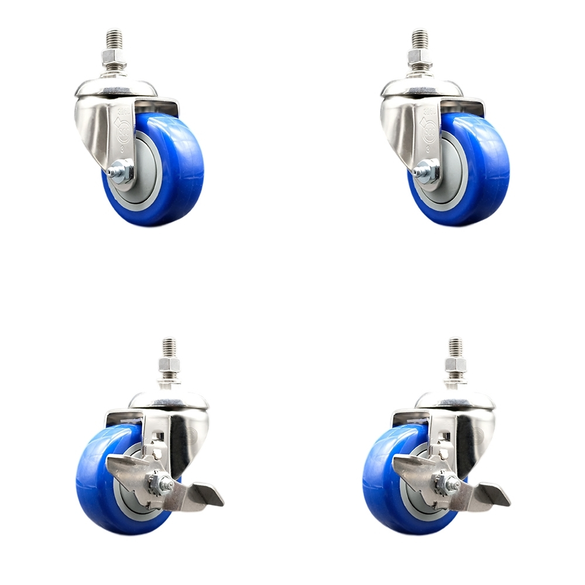 Service Caster, 3Inch x 1 1/4Inch Stem Casters, Wheel Diameter 3 in, Caster Type Swivel, Package (qty.) 4, Model SS316TS20S314-PPUB-BLUE-M1215-2-TLB2