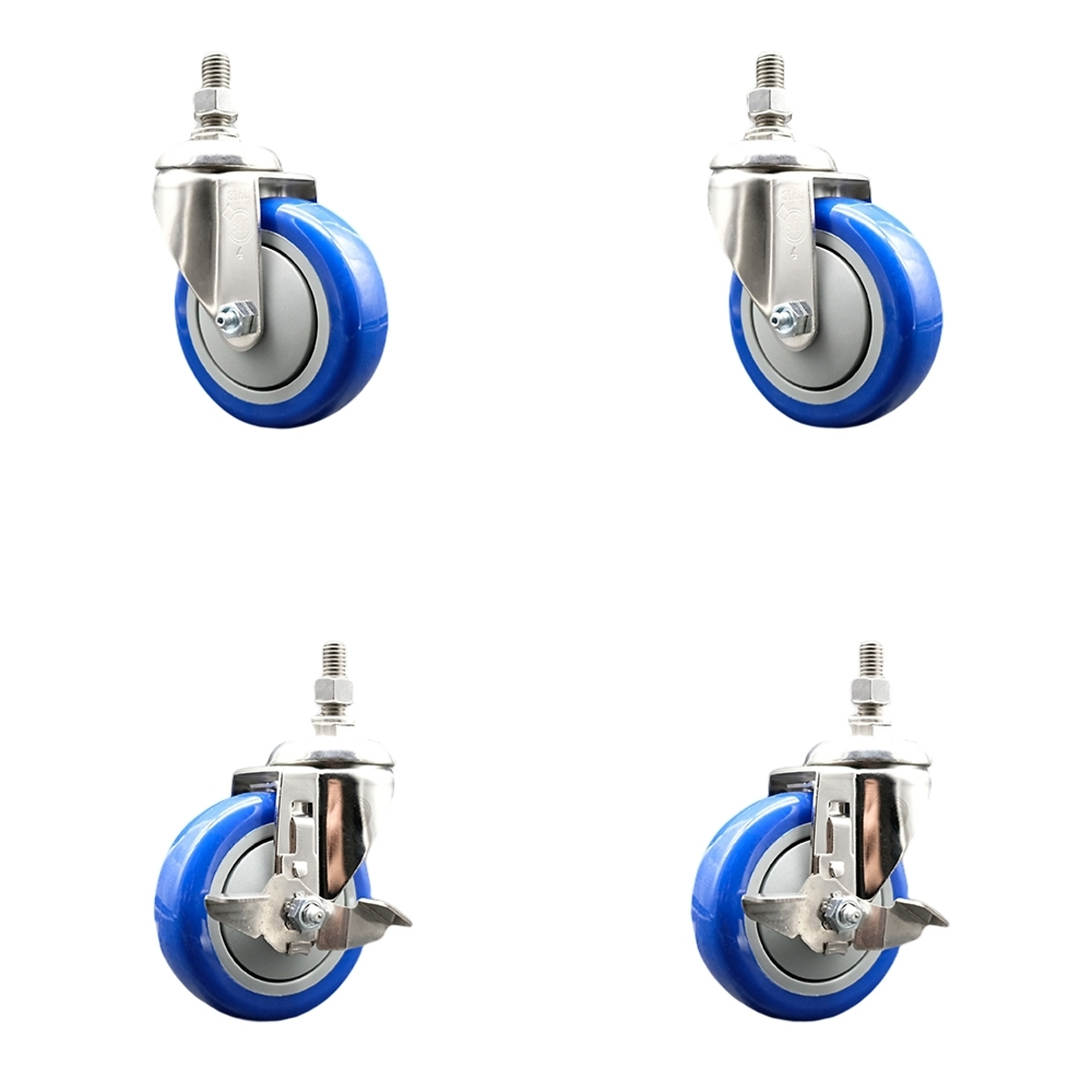 Service Caster, 4Inch x 1 1/4Inch Stem Casters, Wheel Diameter 4 in, Caster Type Swivel, Package (qty.) 4, Model SS316TS20S414-PPUB-BLUE-M1015-2-TLB2