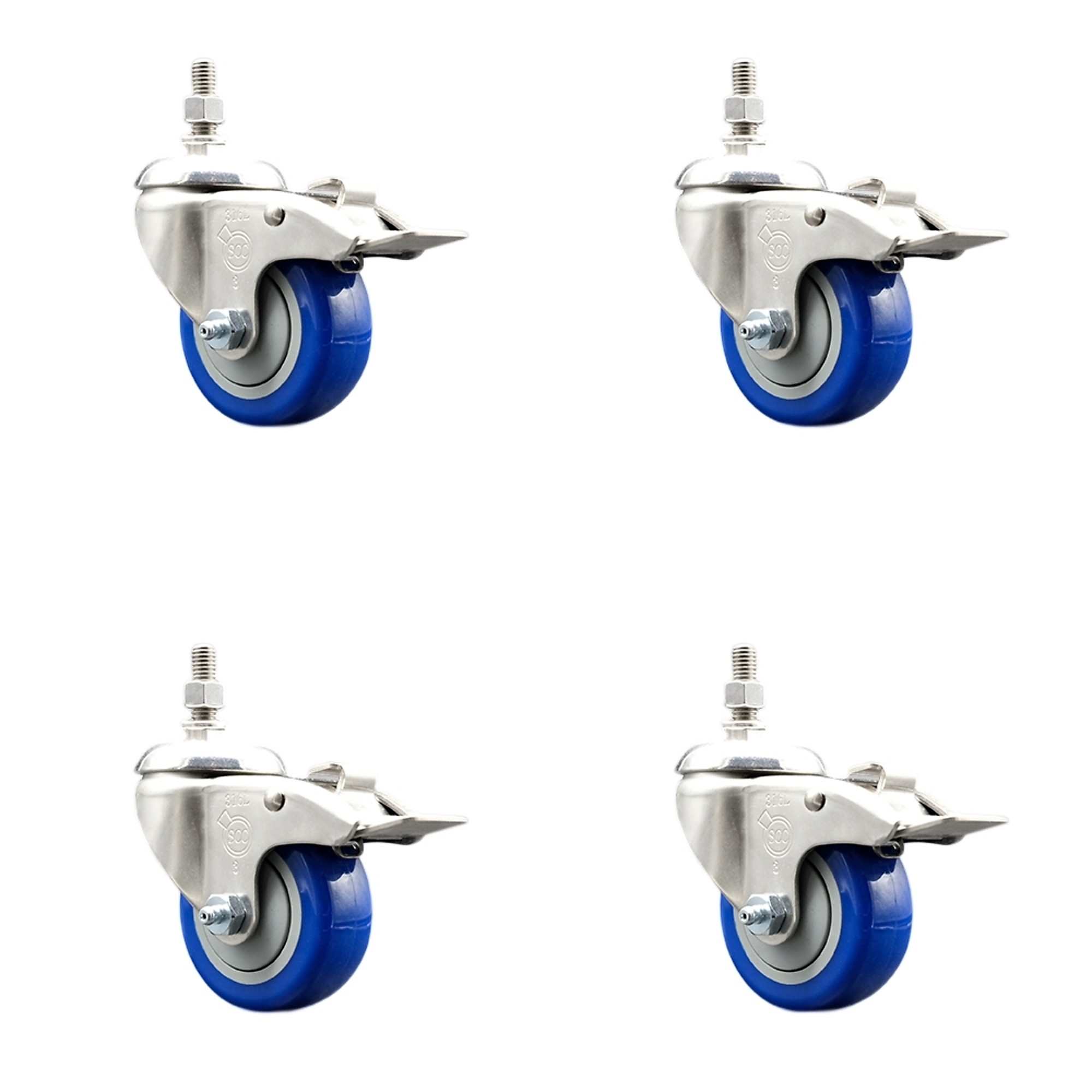 Service Caster, 3Inch x 1 1/4Inch Stem Casters, Wheel Diameter 3 in, Caster Type Swivel, Package (qty.) 4, Model SS316TSTTL20S314-PPUB-BLUE-M1215-4