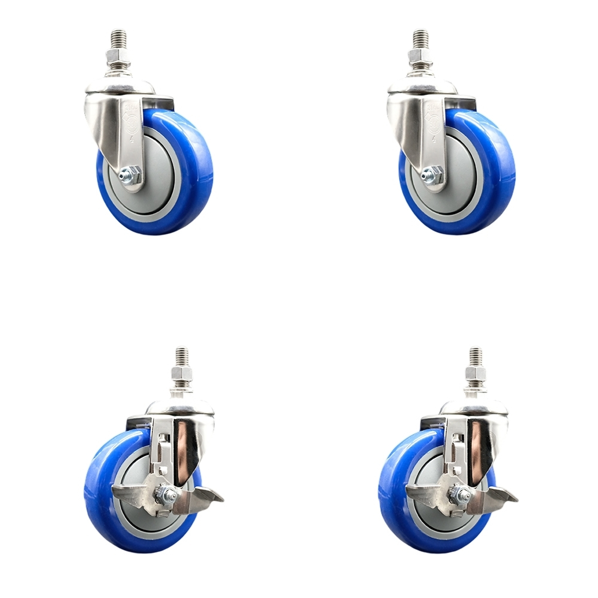 Service Caster, 4Inch x 1 1/4Inch Stem Casters, Wheel Diameter 4 in, Caster Type Swivel, Package (qty.) 4, Model SS316TS20S414-PPUB-BLUE-M1215-2-TLB2