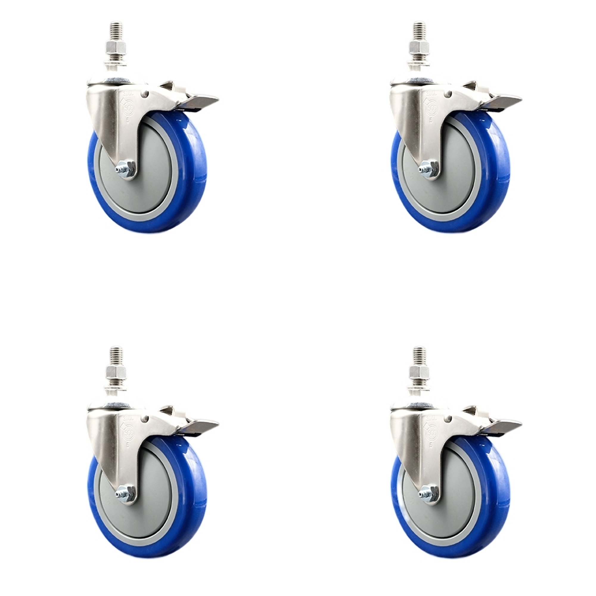 Service Caster, 5Inch x 1 1/4Inch Stem Casters, Wheel Diameter 5 in, Caster Type Swivel, Package (qty.) 4, Model SS316TSTTL20S514-PPUB-BLUE-M1015-4