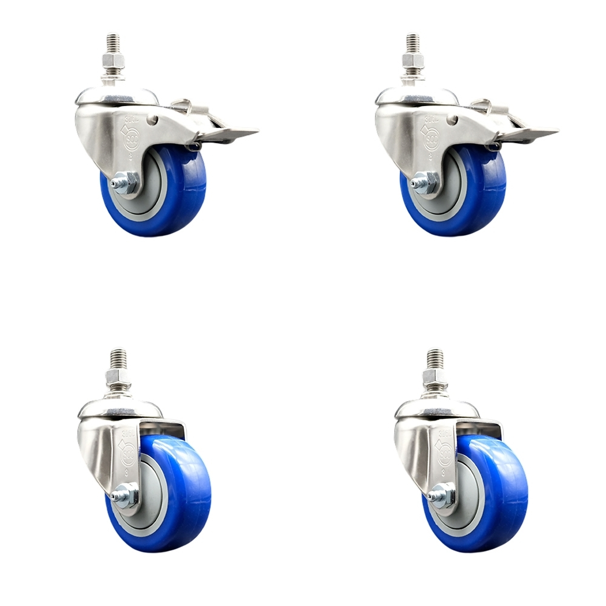 Service Caster, 3Inch x 1 1/4Inch Stem Casters, Wheel Diameter 3 in, Caster Type Swivel, Package (qty.) 4, Model SS316TSTTL20S314-PPUB-BLUE-M1215-2S2