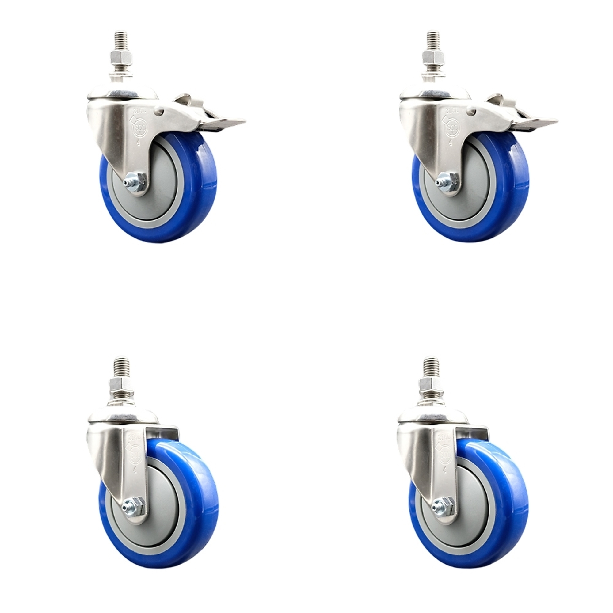 Service Caster, 4Inch x 1 1/4Inch Stem Casters, Wheel Diameter 4 in, Caster Type Swivel, Package (qty.) 4, Model SS316TSTTL20S414-PPUB-BLUE-M1215-2S2