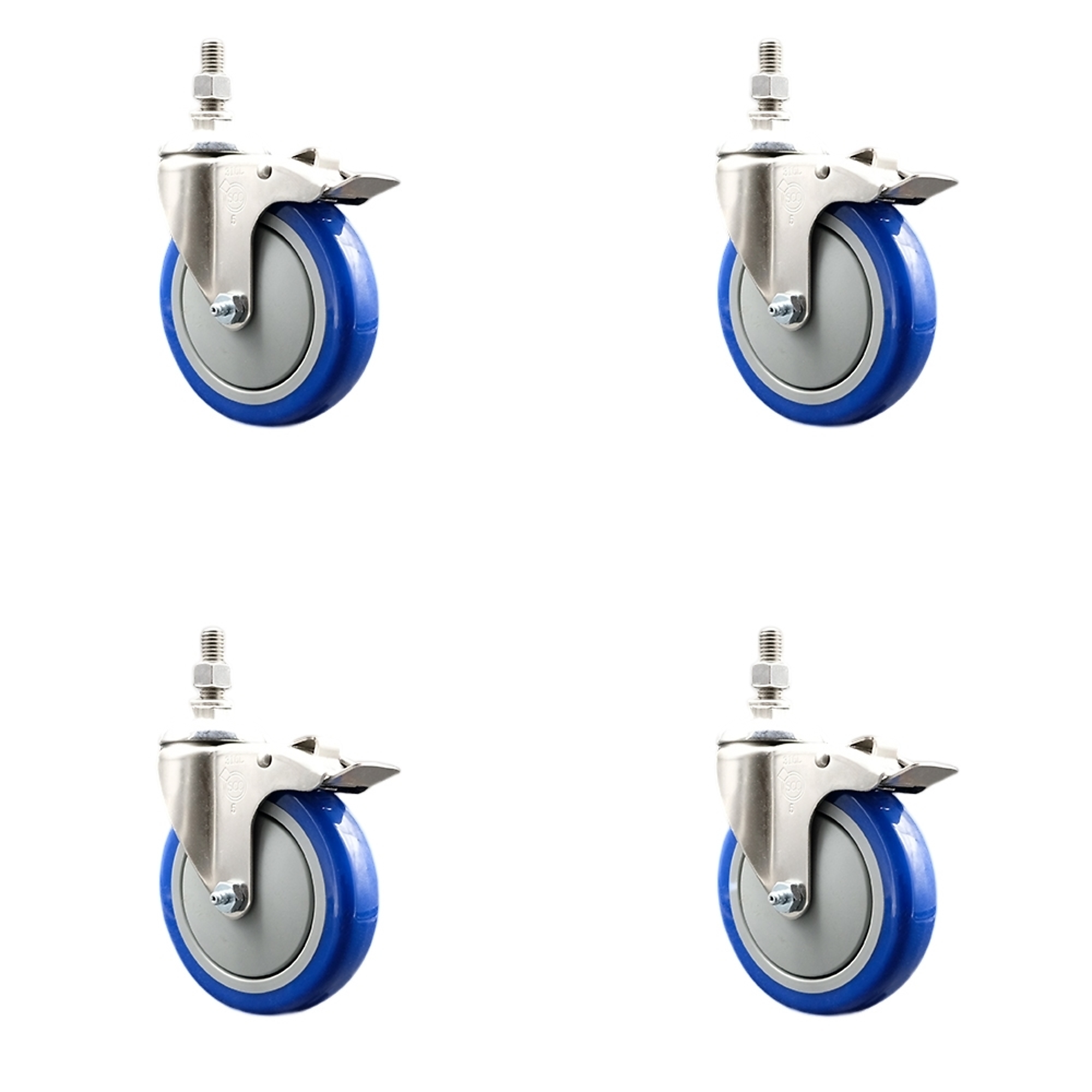 Service Caster, 5Inch x 1 1/4Inch Stem Casters, Wheel Diameter 5 in, Caster Type Swivel, Package (qty.) 4, Model SS316TSTTL20S514-PPUB-BLUE-M1215-4