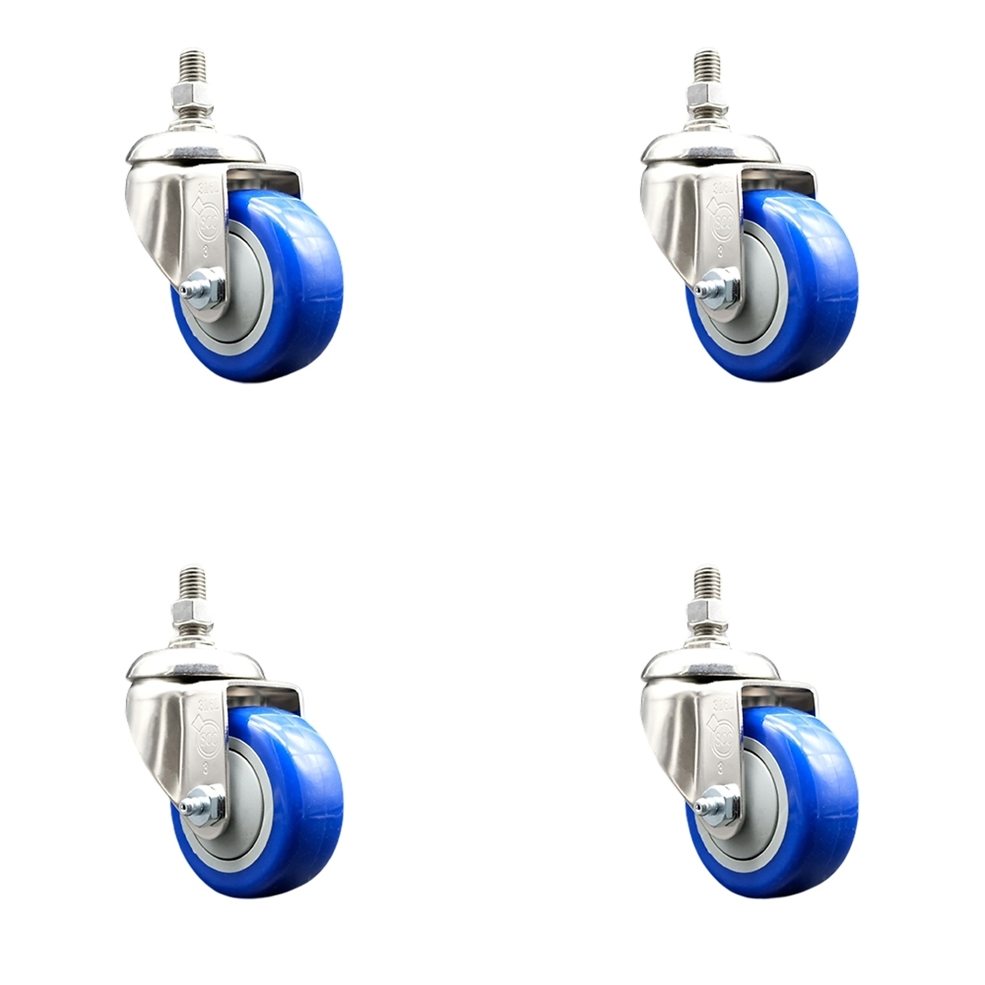 Service Caster, 3Inch x 1 1/4Inch Stem Casters, Wheel Diameter 3 in, Caster Type Swivel, Package (qty.) 4, Model SCC-SS316TS20S314-PPUB-BLUE-M1215-4