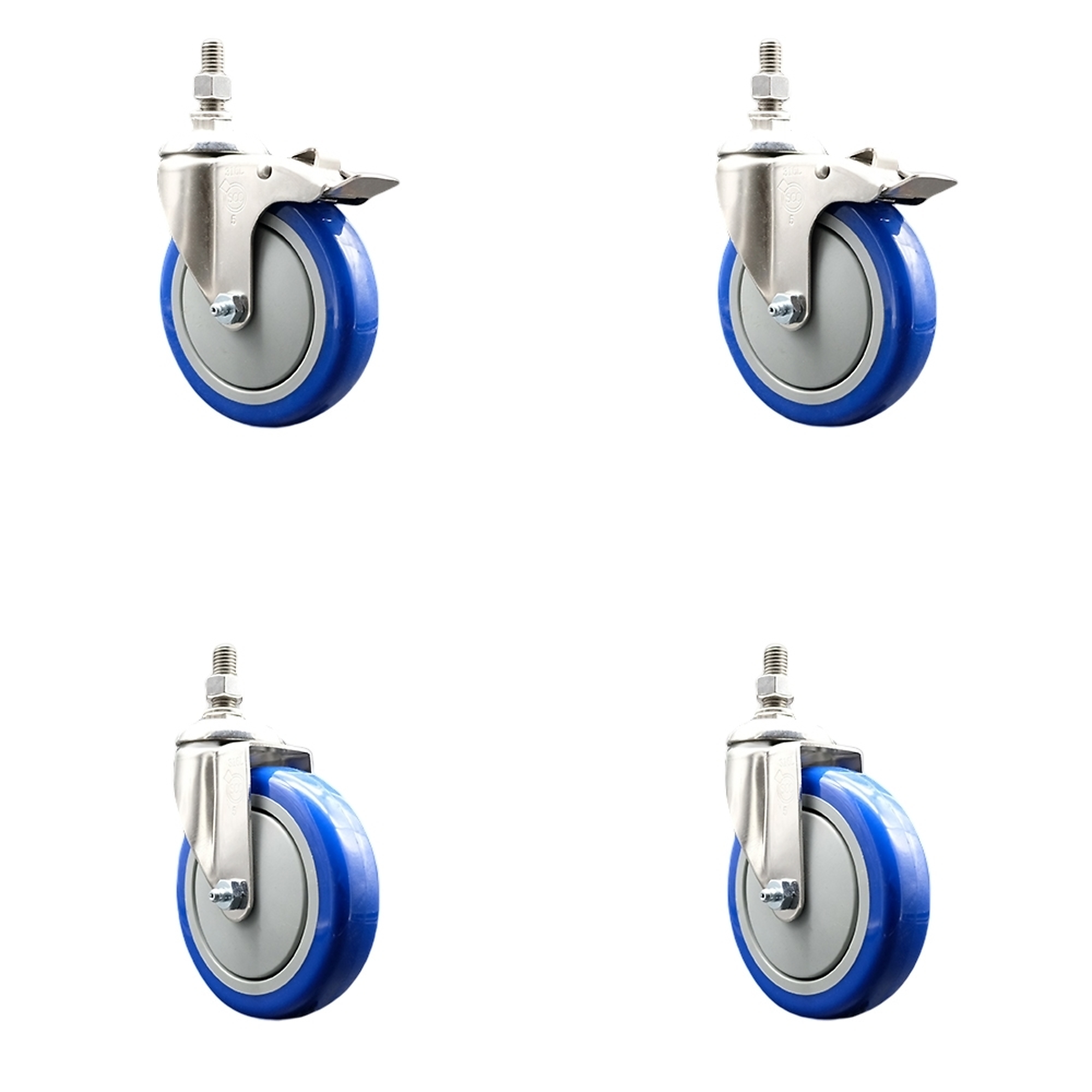 Service Caster, 5Inch x 1 1/4Inch Stem Casters, Wheel Diameter 5 in, Caster Type Swivel, Package (qty.) 4, Model SS316TSTTL20S514-PPUB-BLUE-M1215-2S2