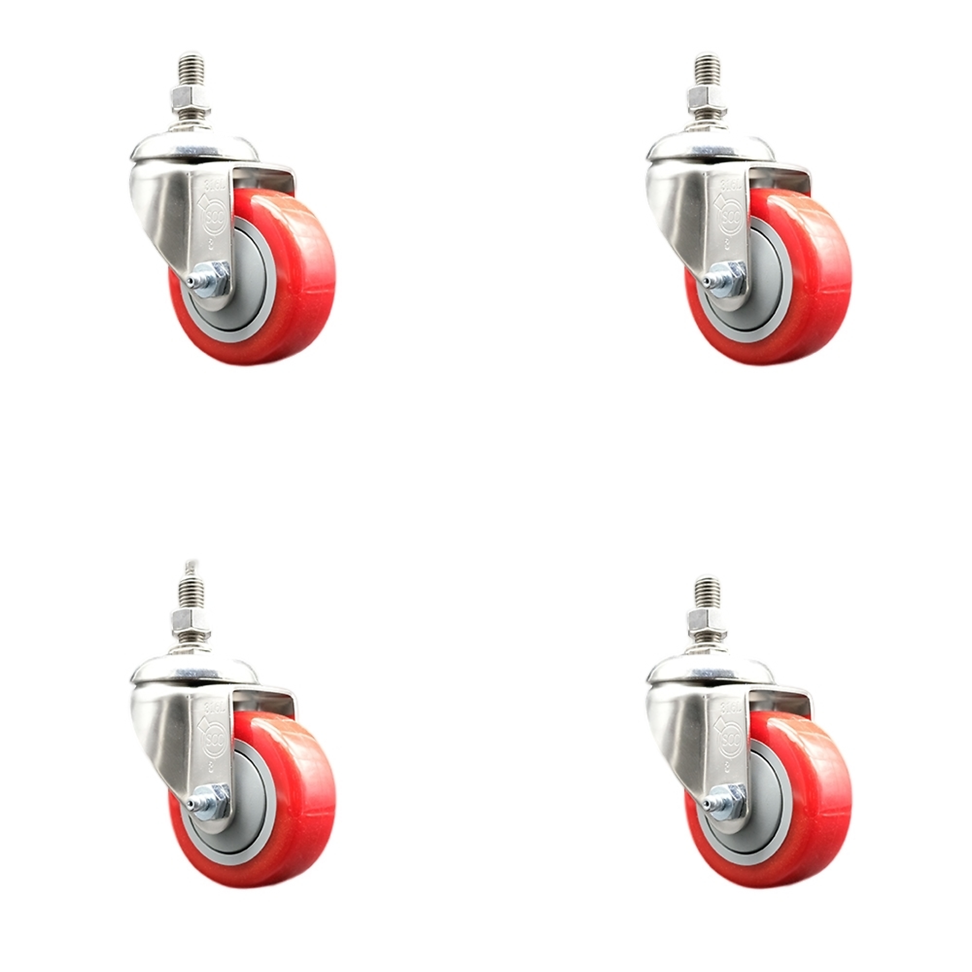 Service Caster, 3Inch x 1 1/4Inch Stem Casters, Wheel Diameter 3 in, Caster Type Swivel, Package (qty.) 4, Model SCC-SS316TS20S314-PPUB-RED-121315-4