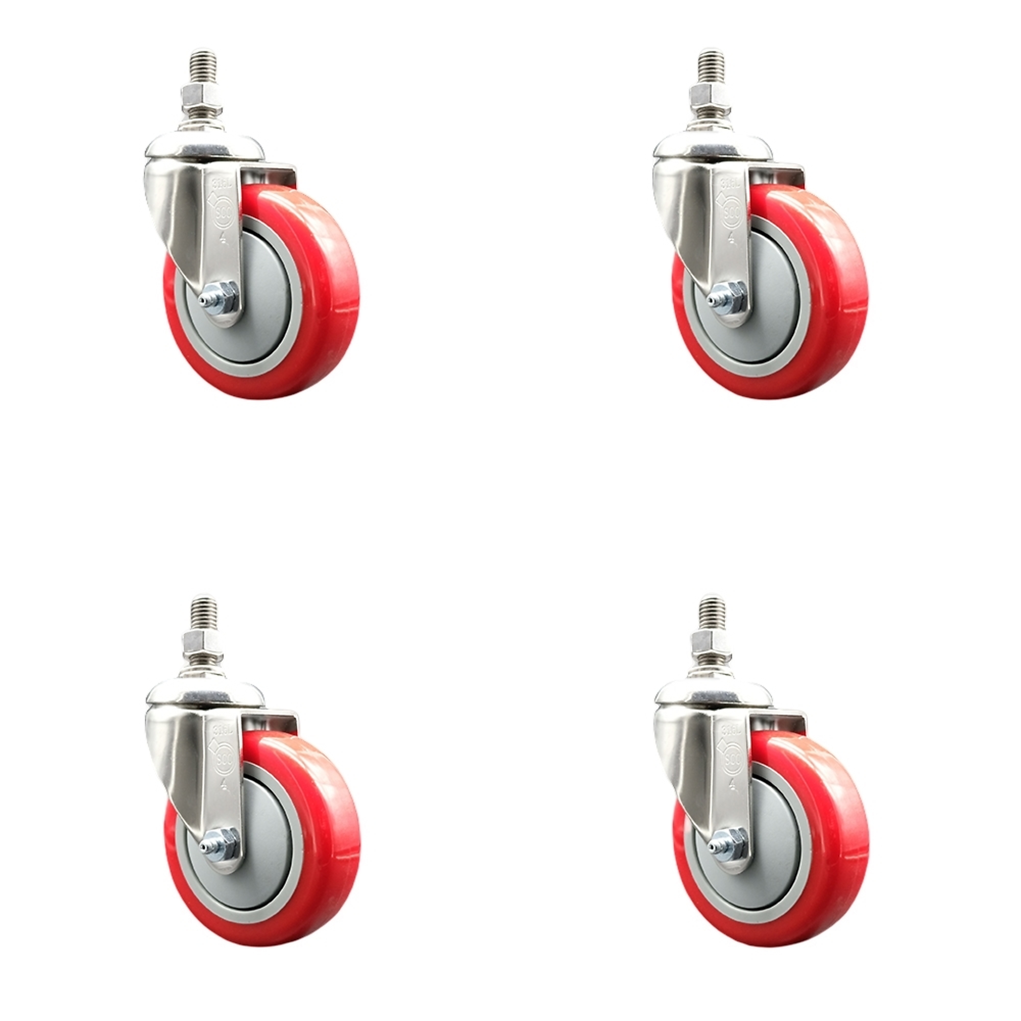 Service Caster, 4Inch x 1 1/4Inch Stem Casters, Wheel Diameter 4 in, Caster Type Swivel, Package (qty.) 4, Model SCC-SS316TS20S414-PPUB-RED-121315-4