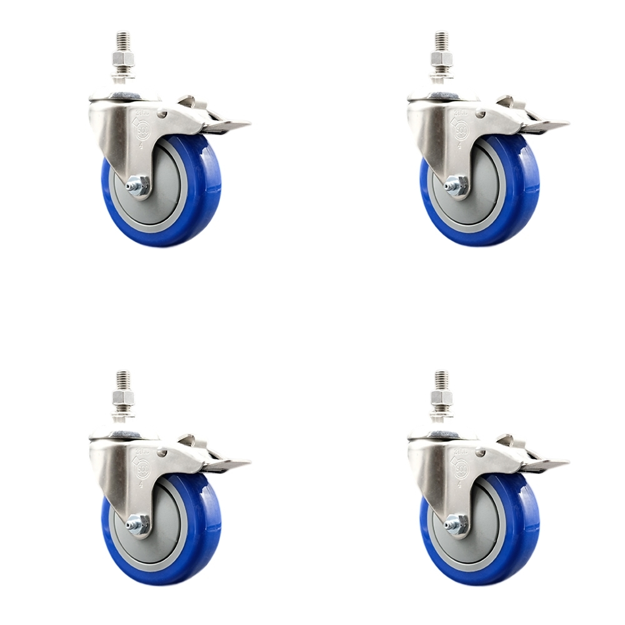 Service Caster, 4Inch x 1 1/4Inch Stem Casters, Wheel Diameter 4 in, Caster Type Swivel, Package (qty.) 4, Model SS316TSTTL20S414-PPUB-BLUE-M1215-4