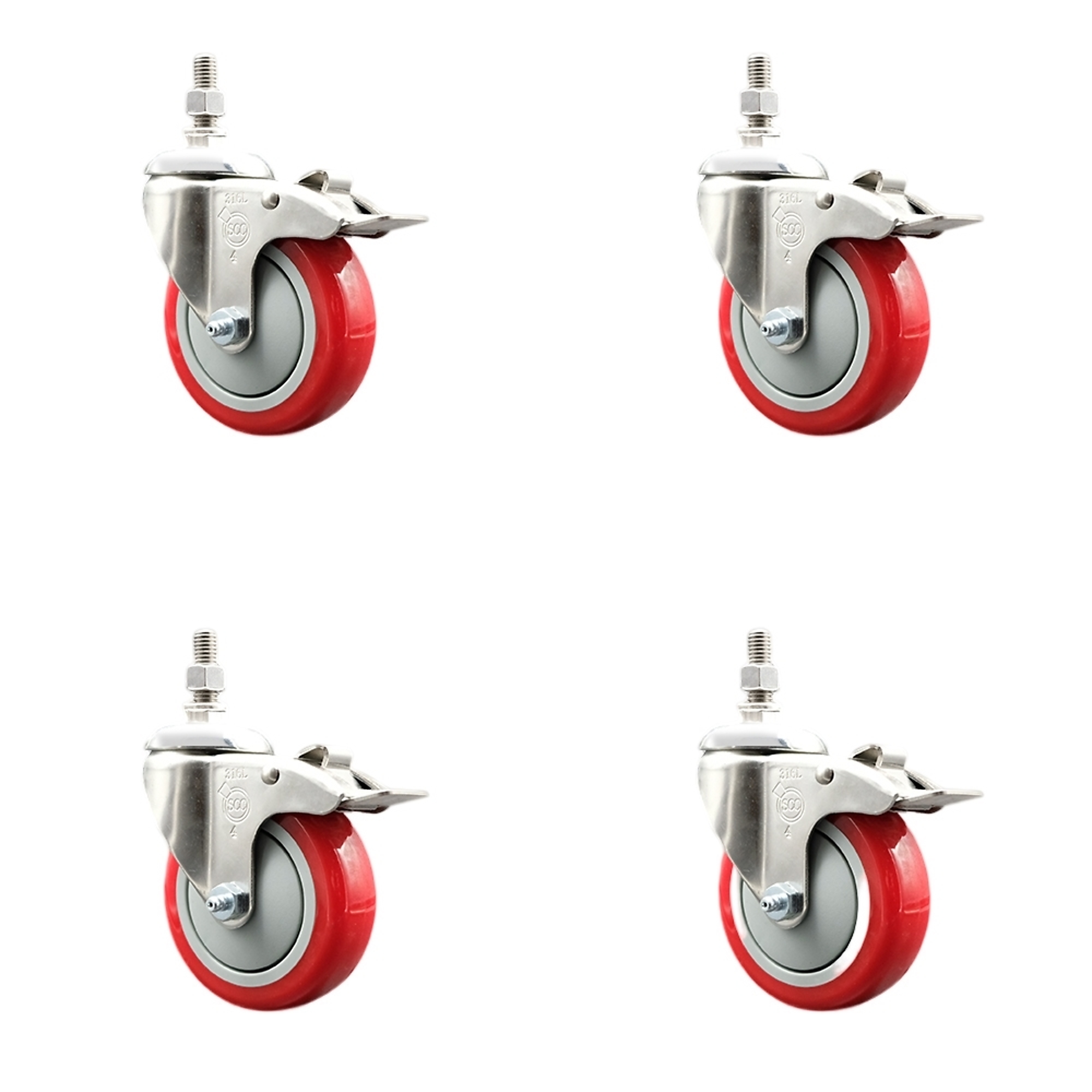 Service Caster, 4Inch x 1 1/4Inch Stem Casters, Wheel Diameter 4 in, Caster Type Swivel, Package (qty.) 4, Model SS316TSTTL20S414-PPUB-RED-121315-4