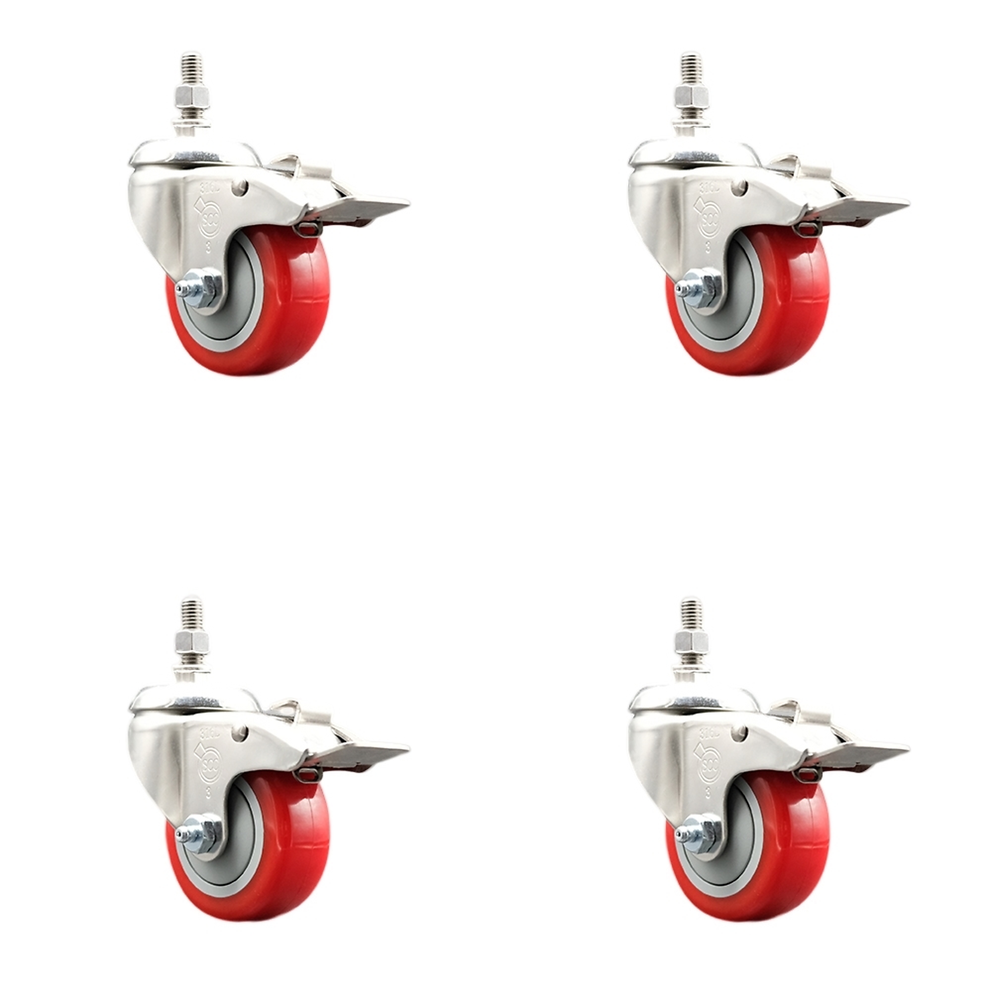 Service Caster, 3Inch x 1 1/4Inch Stem Casters, Wheel Diameter 3 in, Caster Type Swivel, Package (qty.) 4, Model SS316TSTTL20S314-PPUB-RED-121315-4