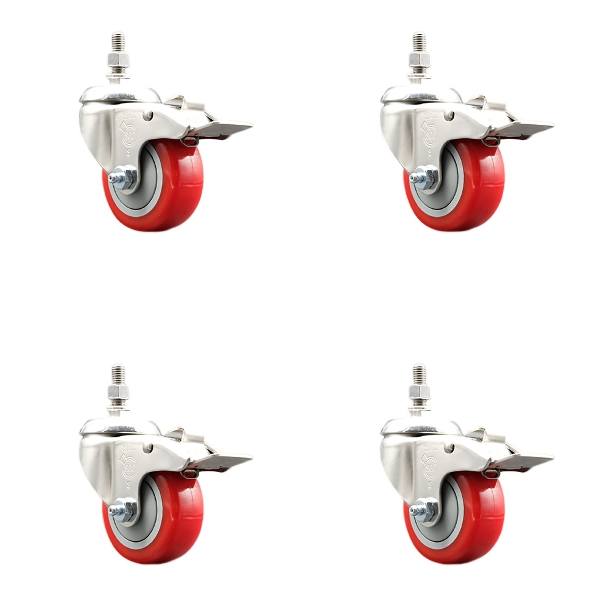 Service Caster, 3Inch x 1 1/4Inch Stem Casters, Wheel Diameter 3 in, Caster Type Swivel, Package (qty.) 4, Model SS316TSTTL20S314-PPUB-RED-381615-4