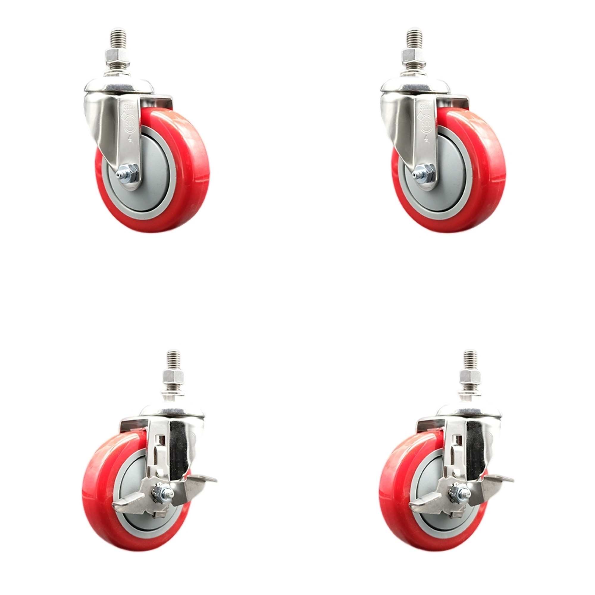 Service Caster, 4Inch x 1 1/4Inch Stem Casters, Wheel Diameter 4 in, Caster Type Swivel, Package (qty.) 4, Model SS316TS20S414-PPUB-RED-121315-2-TLB2