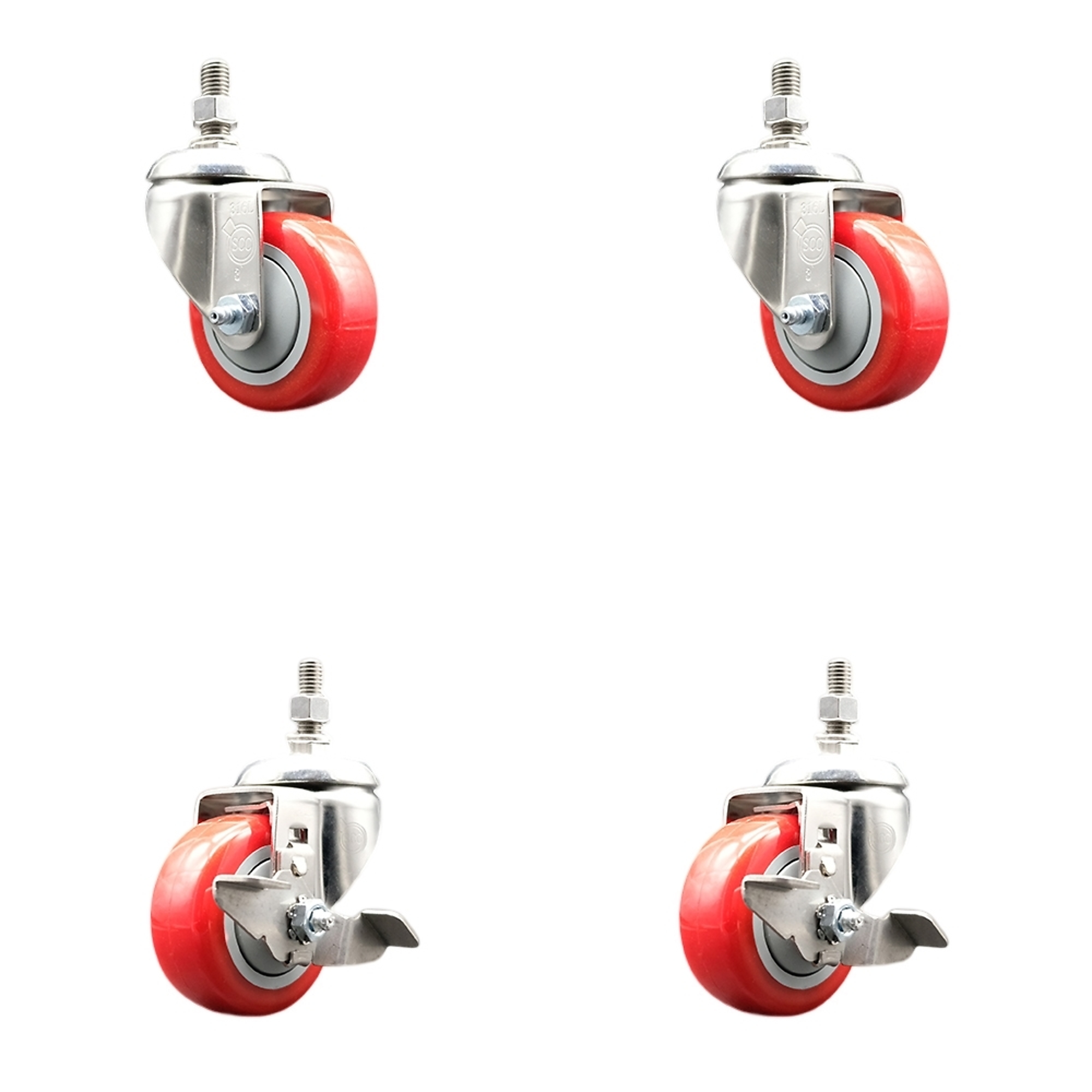 Service Caster, 3Inch x 1 1/4Inch Stem Casters, Wheel Diameter 3 in, Caster Type Swivel, Package (qty.) 4, Model SS316TS20S314-PPUB-RED-381615-2-TLB2