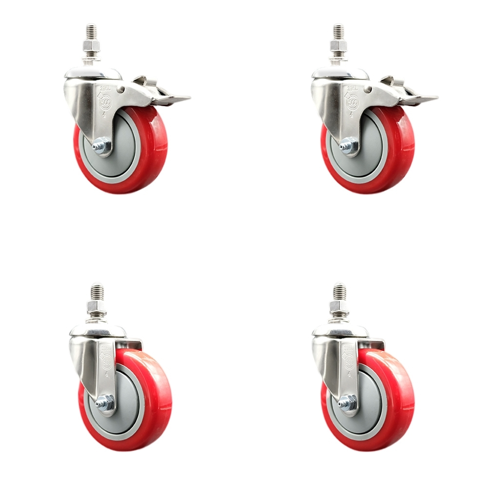 Service Caster, 4Inch x 1 1/4Inch Stem Casters, Wheel Diameter 4 in, Caster Type Swivel, Package (qty.) 4, Model SS316TSTTL20S414-PPUB-RED-121315-2S2