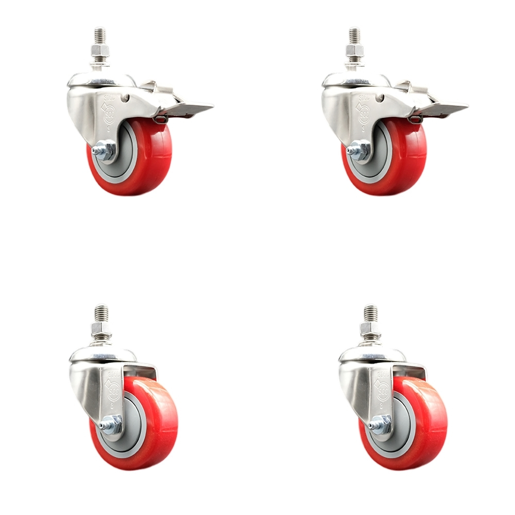 Service Caster, 3Inch x 1 1/4Inch Stem Casters, Wheel Diameter 3 in, Caster Type Swivel, Package (qty.) 4, Model SS316TSTTL20S314-PPUB-RED-381615-2S2