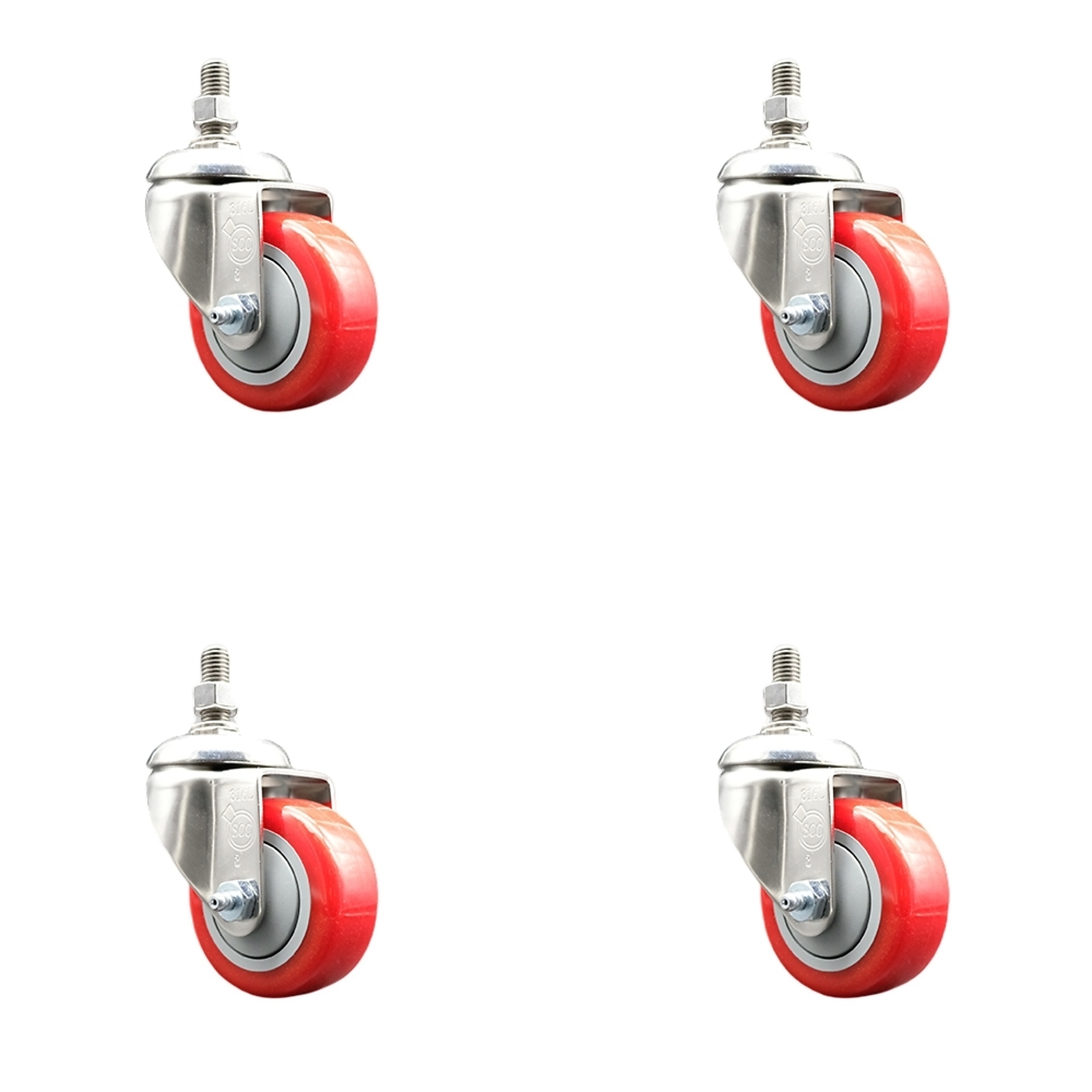 Service Caster, 3Inch x 1 1/4Inch Stem Casters, Wheel Diameter 3 in, Caster Type Swivel, Package (qty.) 4, Model SCC-SS316TS20S314-PPUB-RED-381615-4