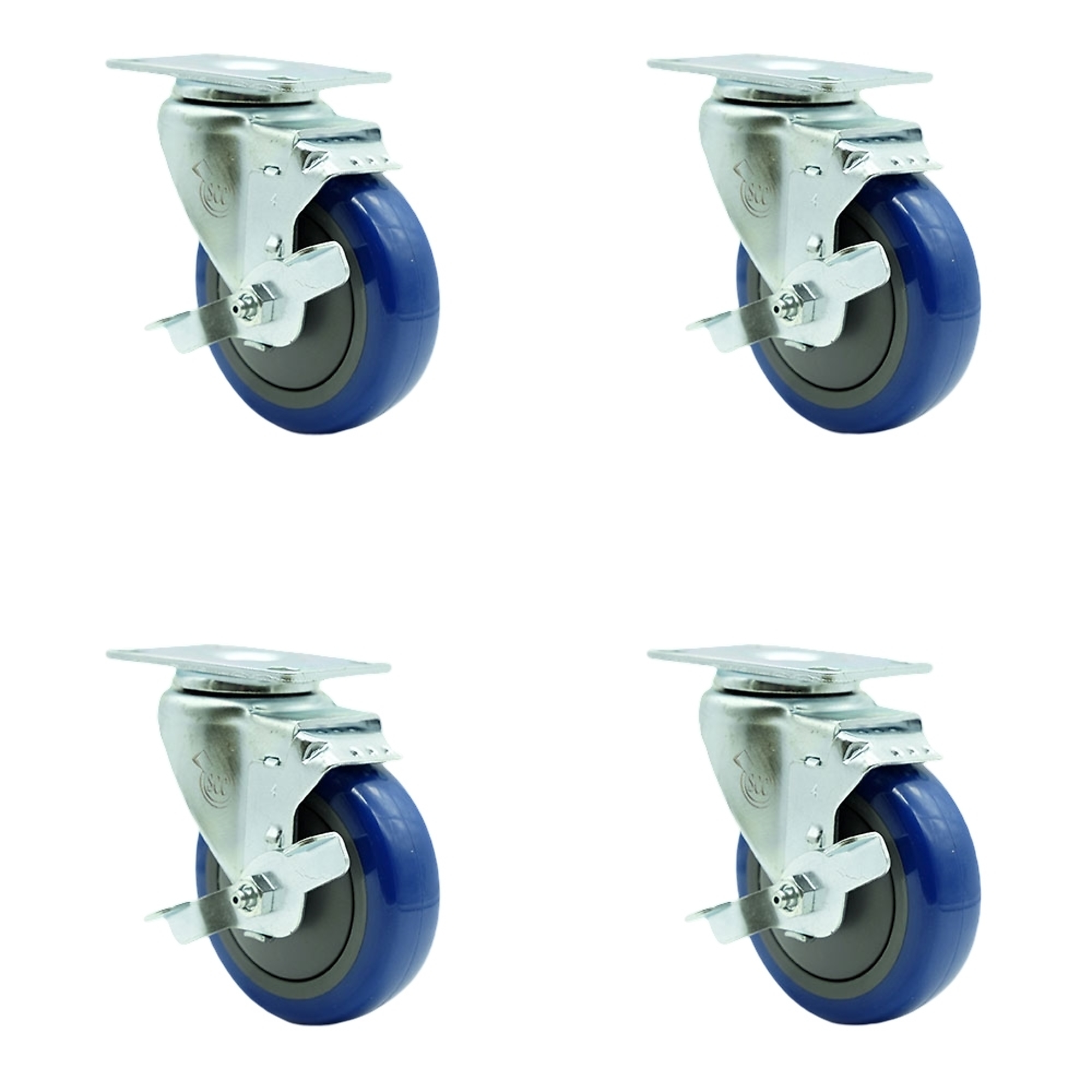 Service Caster, 4Inch x 1 1/4Inch Plate Casters, Wheel Diameter 4 in, Caster Type Swivel, Package (qty.) 4, Model SCC-20S414-PPUB-BLUE-TLB-4