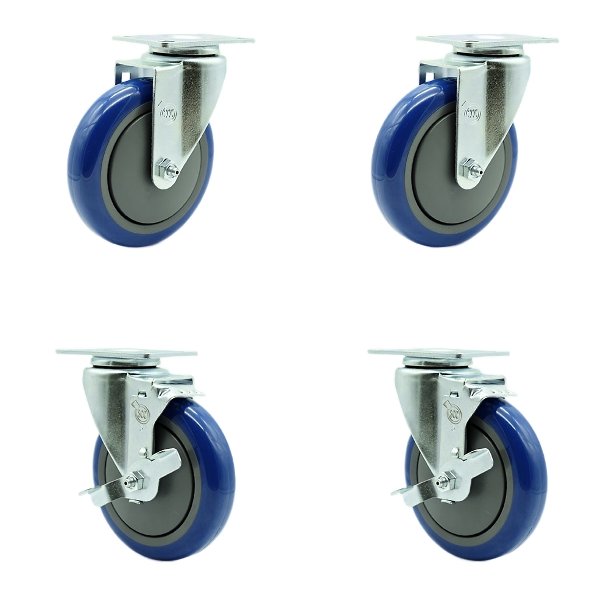 Service Caster, 5Inch x 1 1/4Inch Plate Casters, Wheel Diameter 5 in, Caster Type Swivel, Package (qty.) 4, Model SCC-20S514-PPUB-BLUE-2-TLB-2