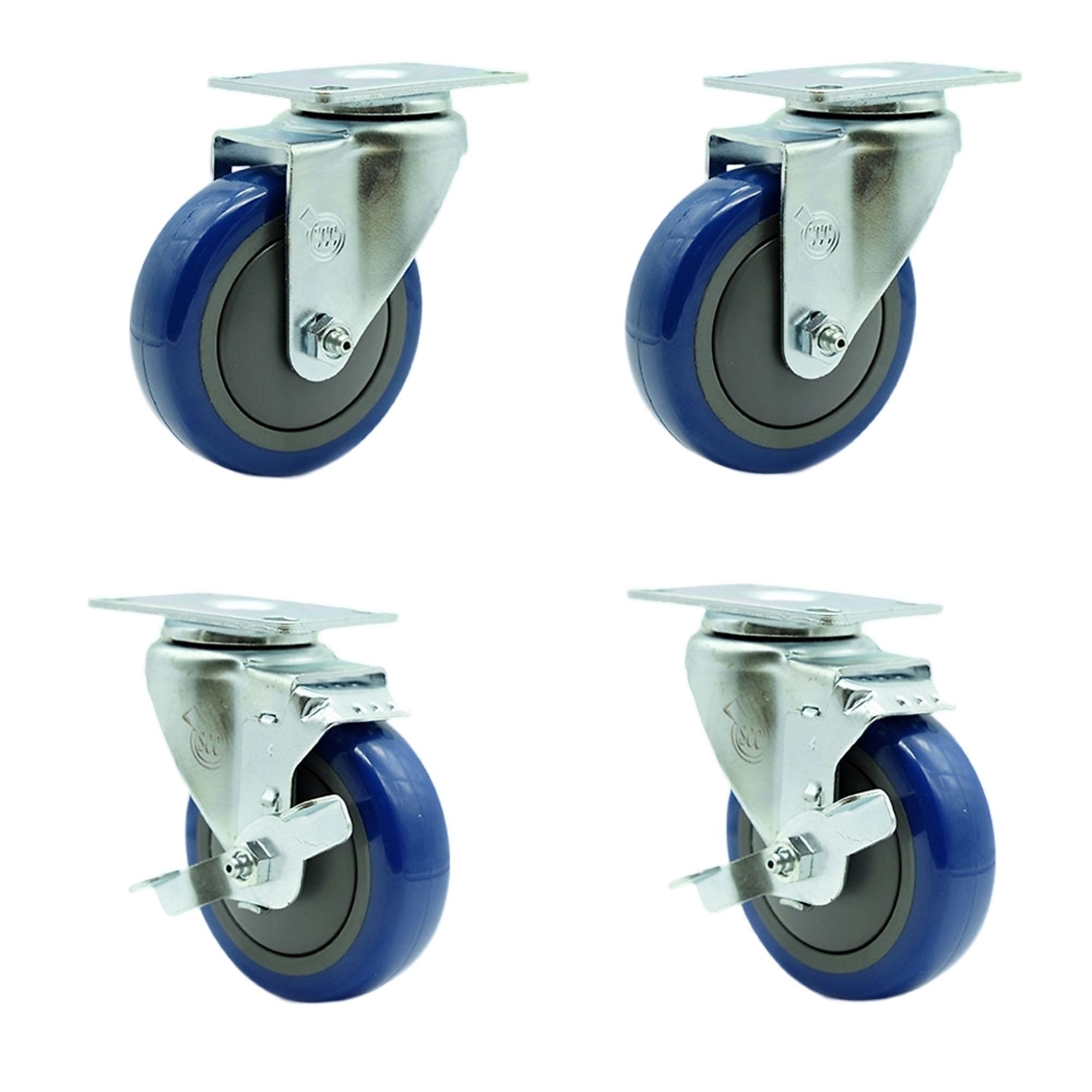 Service Caster, 4Inch x 1 1/4Inch Plate Casters, Wheel Diameter 4 in, Caster Type Swivel, Package (qty.) 4, Model SCC-20S414-PPUB-BLUE-2-TLB-2