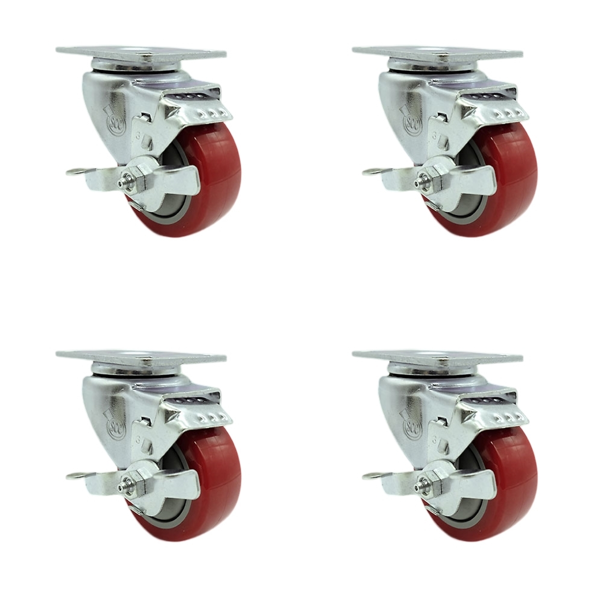 Service Caster, 3Inch x 1 1/4Inch Plate Casters, Wheel Diameter 3 in, Caster Type Swivel, Package (qty.) 4, Model SCC-20S314-PPUB-RED-TLB-4