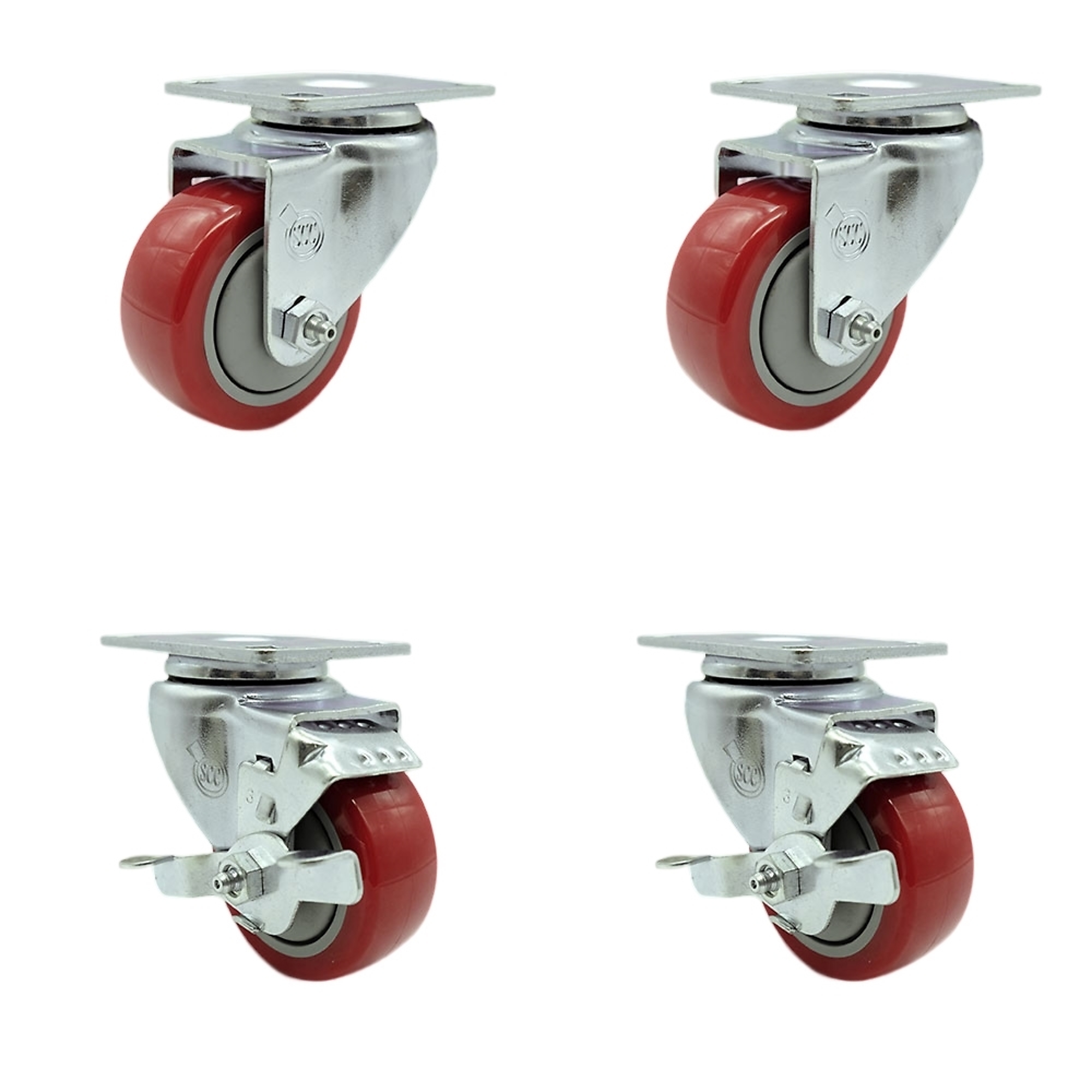 Service Caster, 3Inch x 1 1/4Inch Plate Casters, Wheel Diameter 3 in, Caster Type Swivel, Package (qty.) 4, Model SCC-20S314-PPUB-RED-2-TLB-2