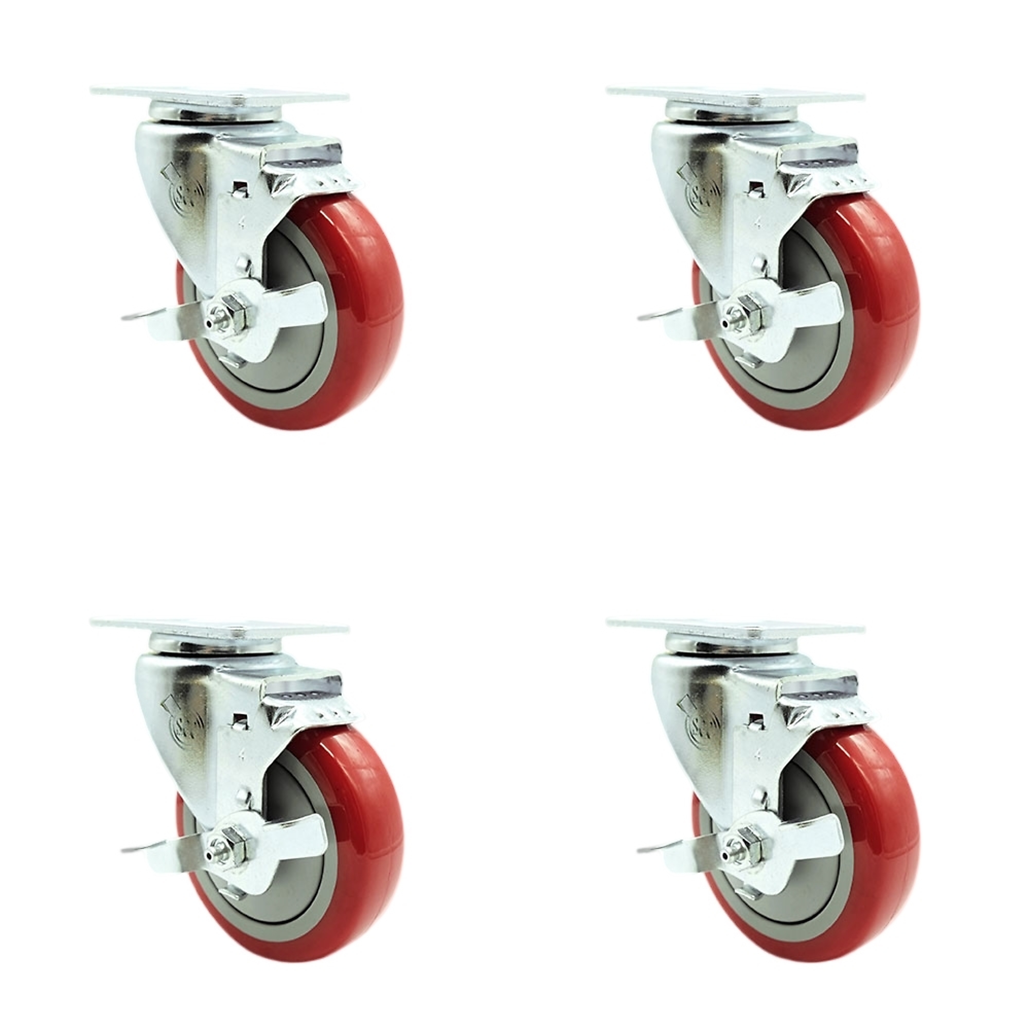 Service Caster, 4Inch x 1 1/4Inch Plate Casters, Wheel Diameter 4 in, Caster Type Swivel, Package (qty.) 4, Model SCC-20S414-PPUB-RED-TLB-4