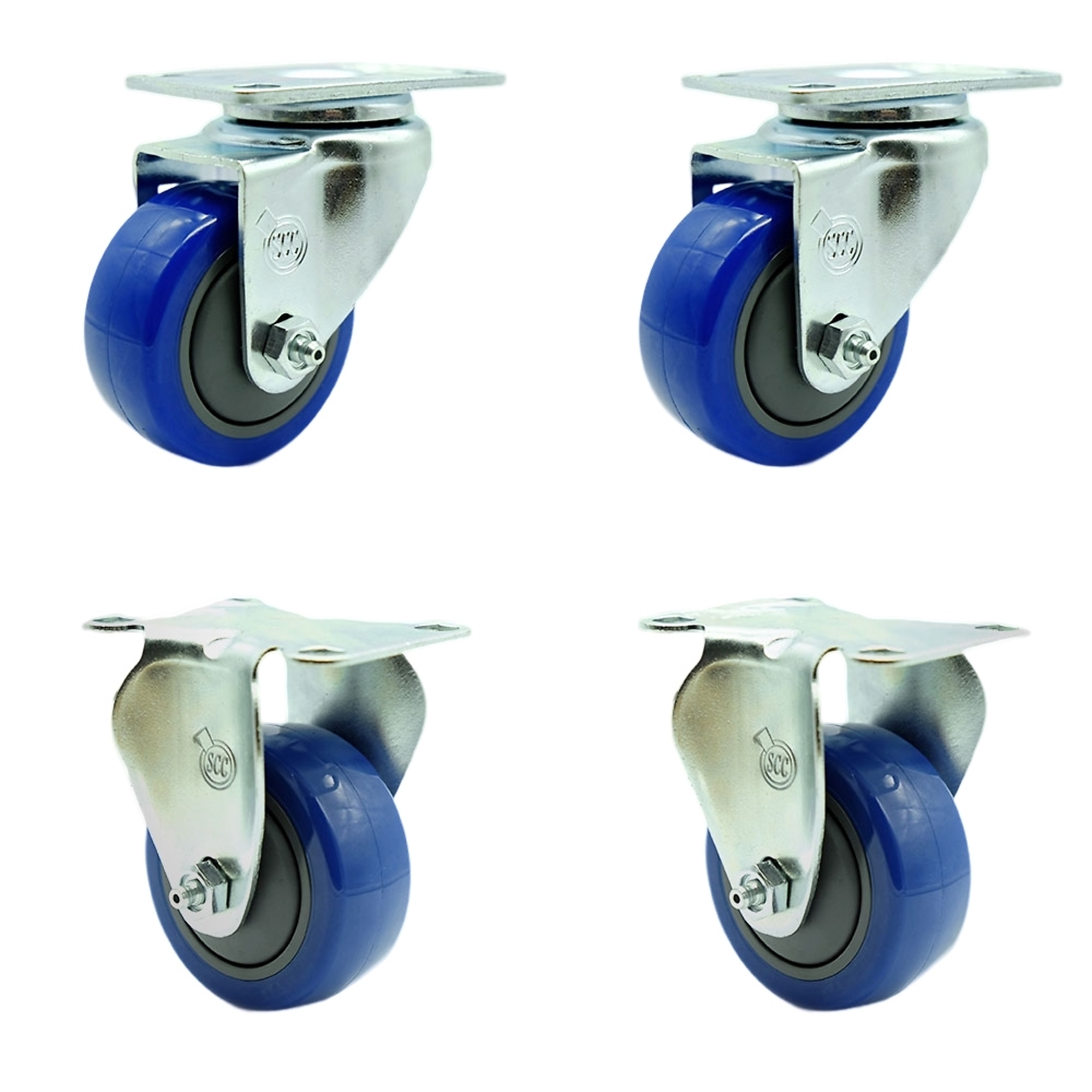 Service Caster, 3Inch x 1 1/4Inch Plate Casters, Wheel Diameter 3 in, Caster Type Swivel, Package (qty.) 4, Model SCC-SS20S314-PPUB-BLUE-2-R314-2