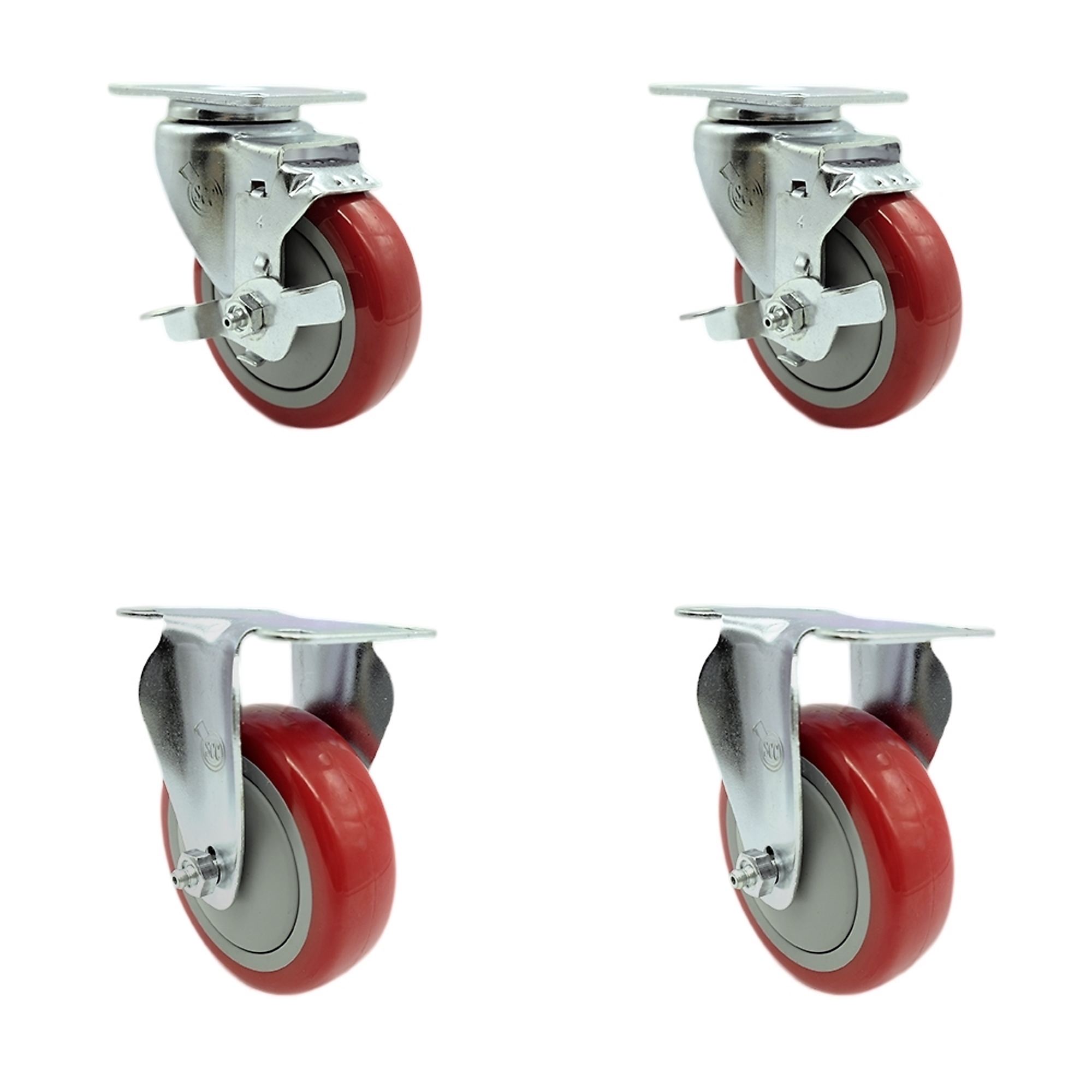 Service Caster, 4Inch x 1 1/4Inch Plate Casters, Wheel Diameter 4 in, Caster Type Swivel, Package (qty.) 4, Model SCC-SS20S414-PPUB-RED-TLB-2-R414-2