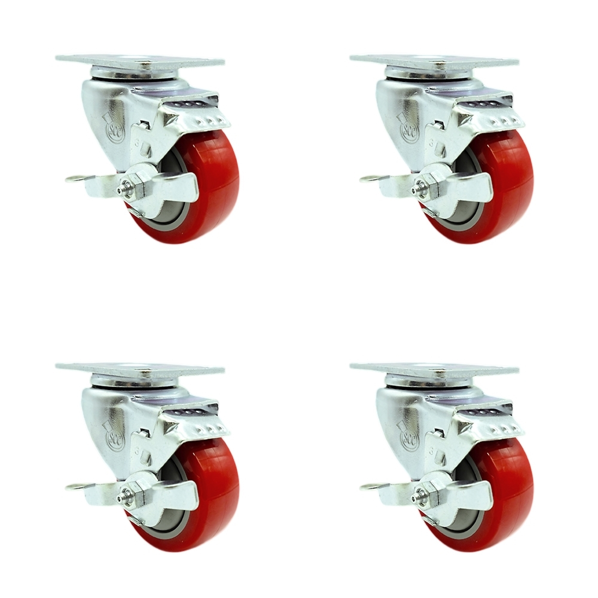 Service Caster, 3Inch x 1 1/4Inch Plate Casters, Wheel Diameter 3 in, Caster Type Swivel, Package (qty.) 4, Model SCC-SS20S314-PPUB-RED-TLB-4