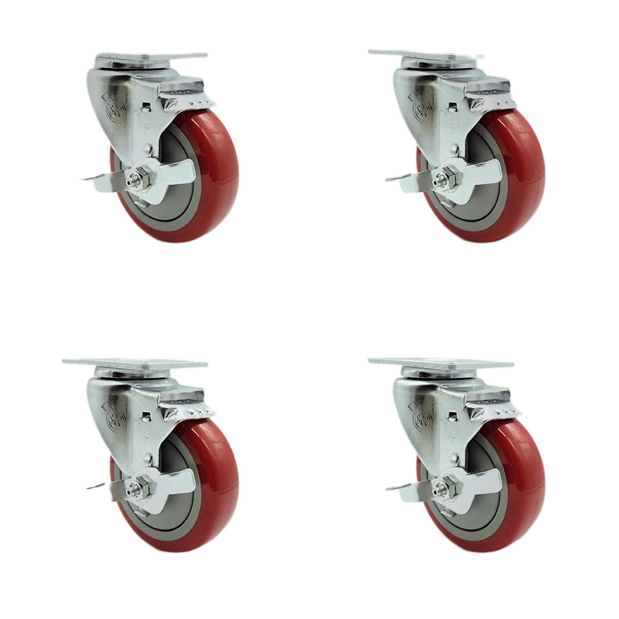 Service Caster, 4Inch x 1 1/4Inch Plate Casters, Wheel Diameter 4 in, Caster Type Swivel, Package (qty.) 4, Model SCC-SS20S414-PPUB-RED-TLB-4