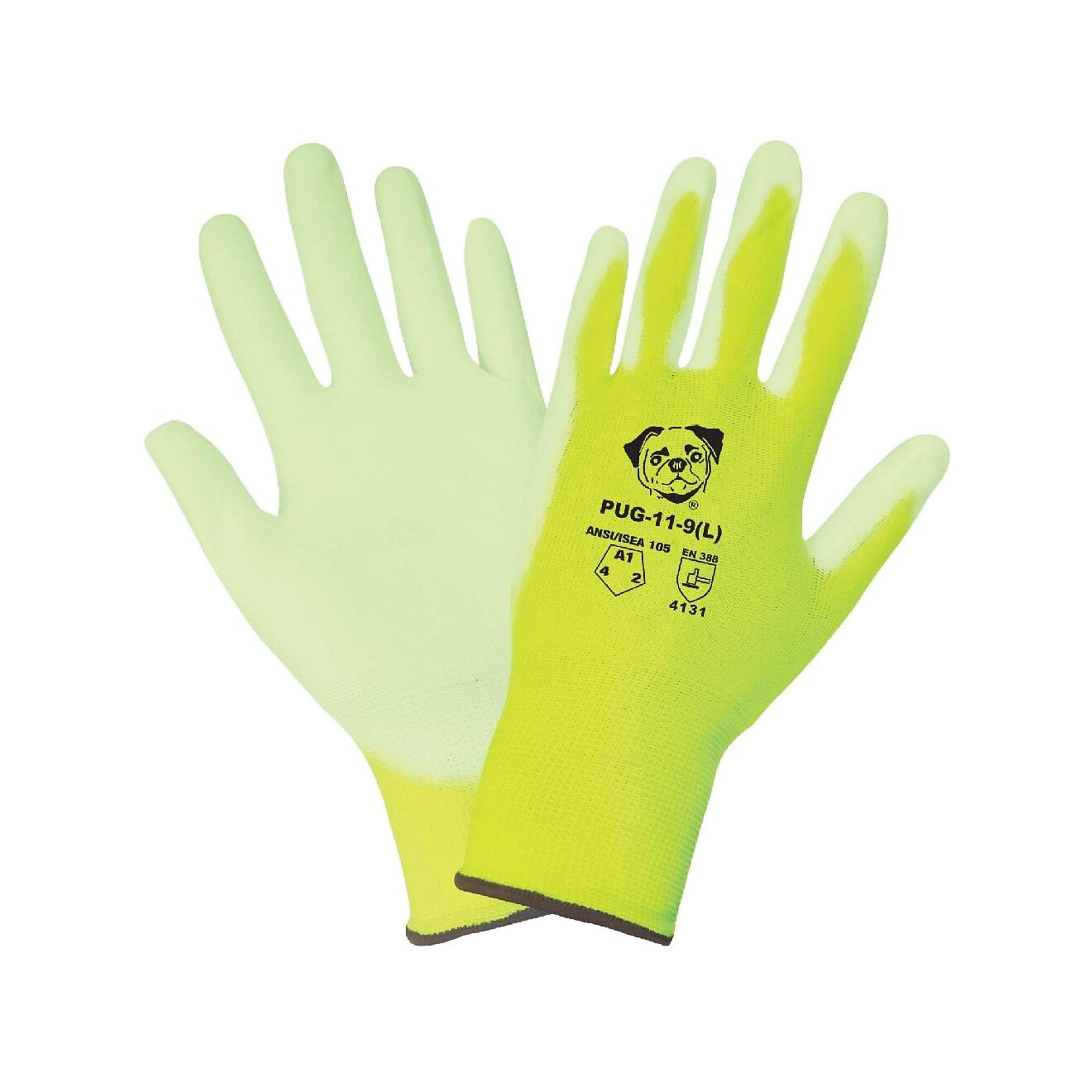 Global Glove PUG , HV Y/G, Poly Coated, Cut Resistant A1 Gloves - 12 Pairs, Size 2XL, Color High-Visibility Yellow/Green, Included (qty.) 12 Model PUG