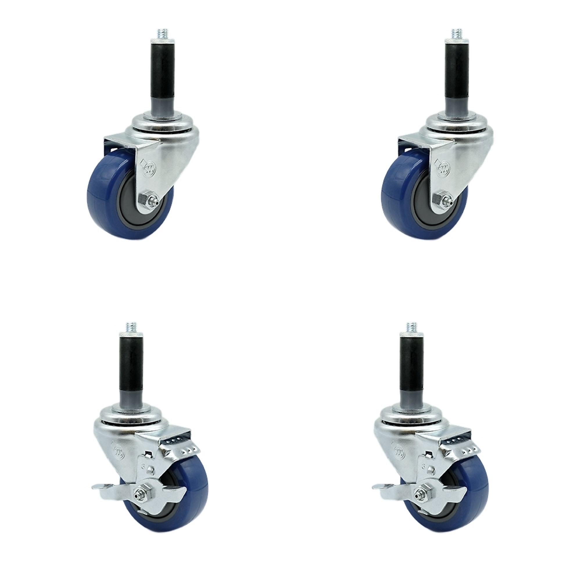 Service Caster, 3Inch x 1 1/4Inch Stem Casters, Wheel Diameter 3 in, Caster Type Swivel, Package (qty.) 4, Model SCC-EX20S314-PPUB-BLUE-2-TLB-2-MTG41