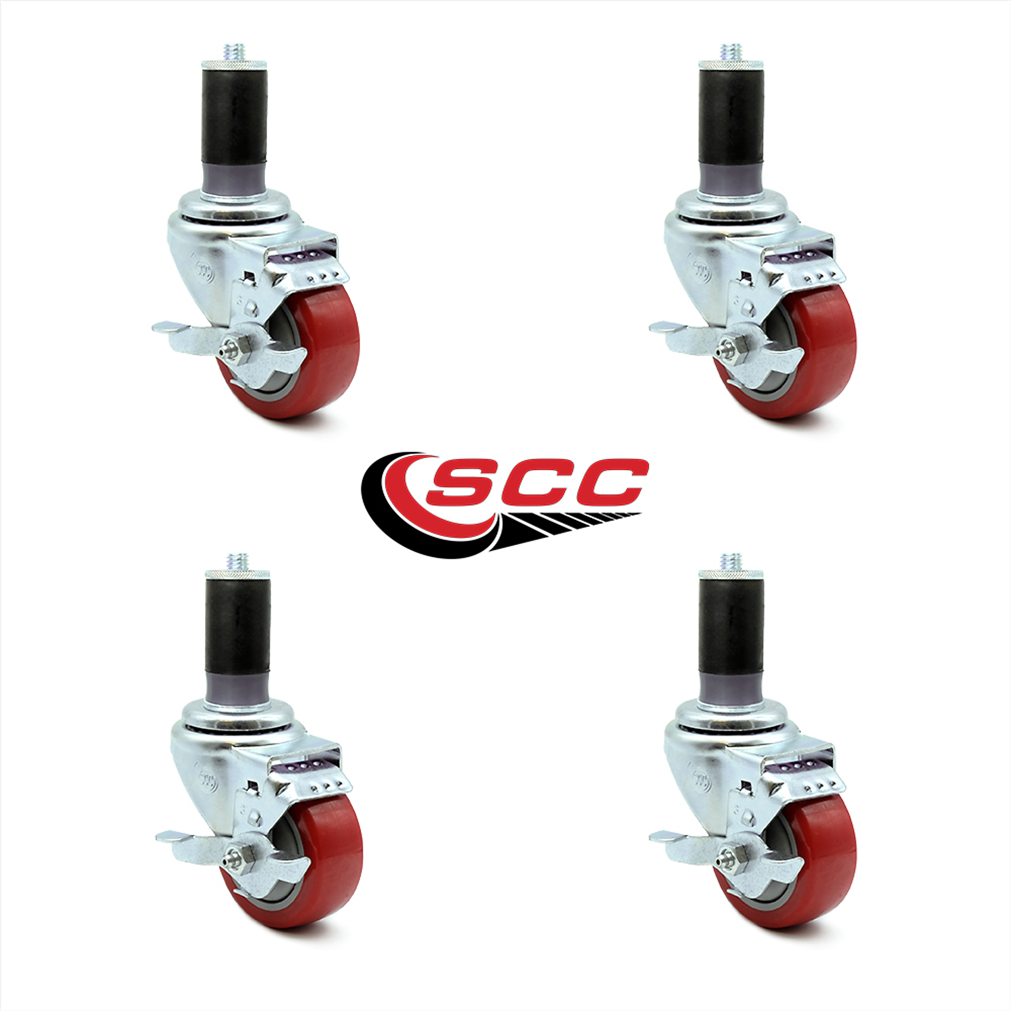 Service Caster, 3Inch x 1 1/4Inch Stem Casters, Wheel Diameter 3 in, Caster Type Rigid, Package (qty.) 4, Model SCC-EX20S314-PPUB-RED-TLB-MTG46-4