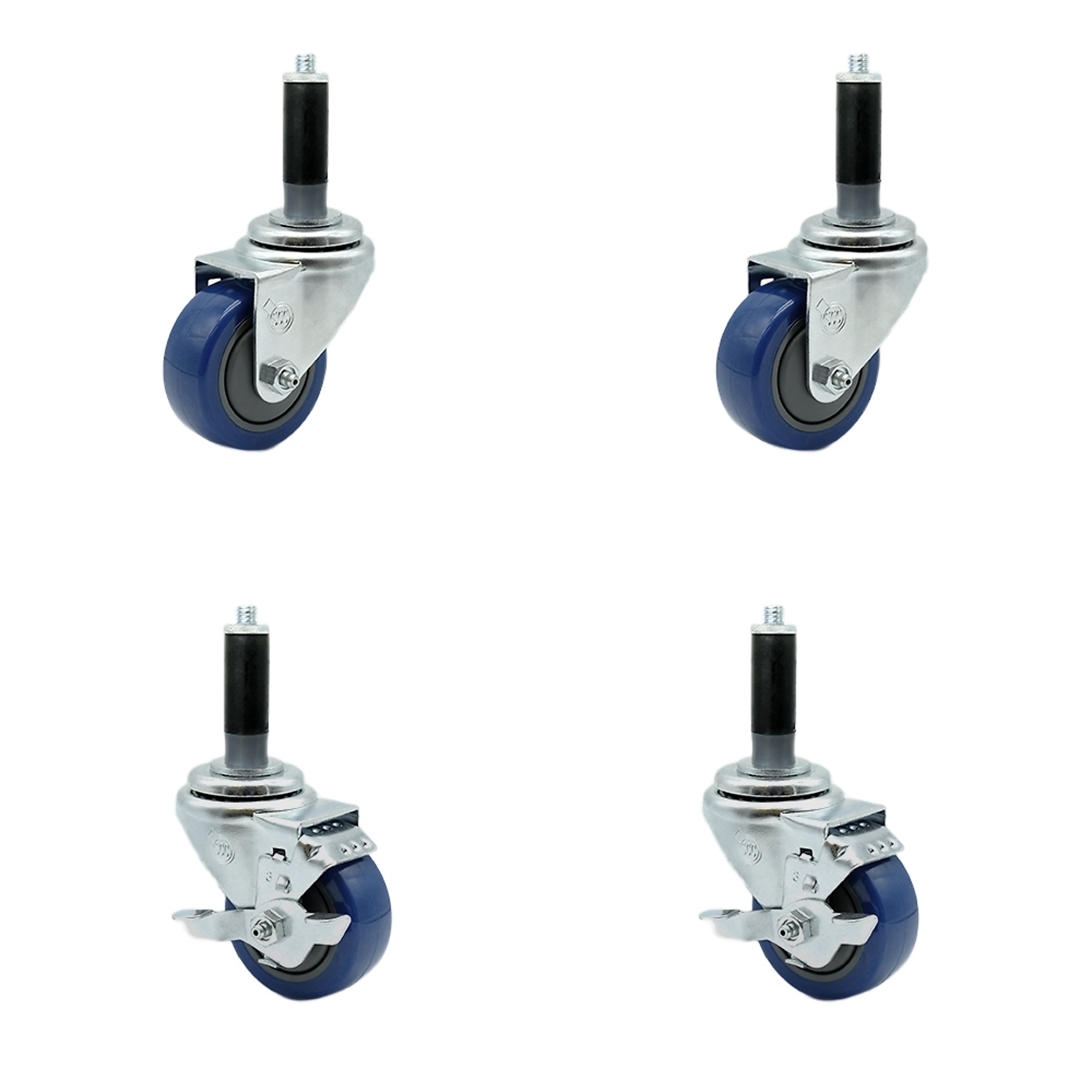 Service Caster, 3Inch x 1 1/4Inch Stem Casters, Wheel Diameter 3 in, Caster Type Swivel, Package (qty.) 4, Model SCC-SSEX20S314-PPUBBLU-2-TLB-2-MTG41