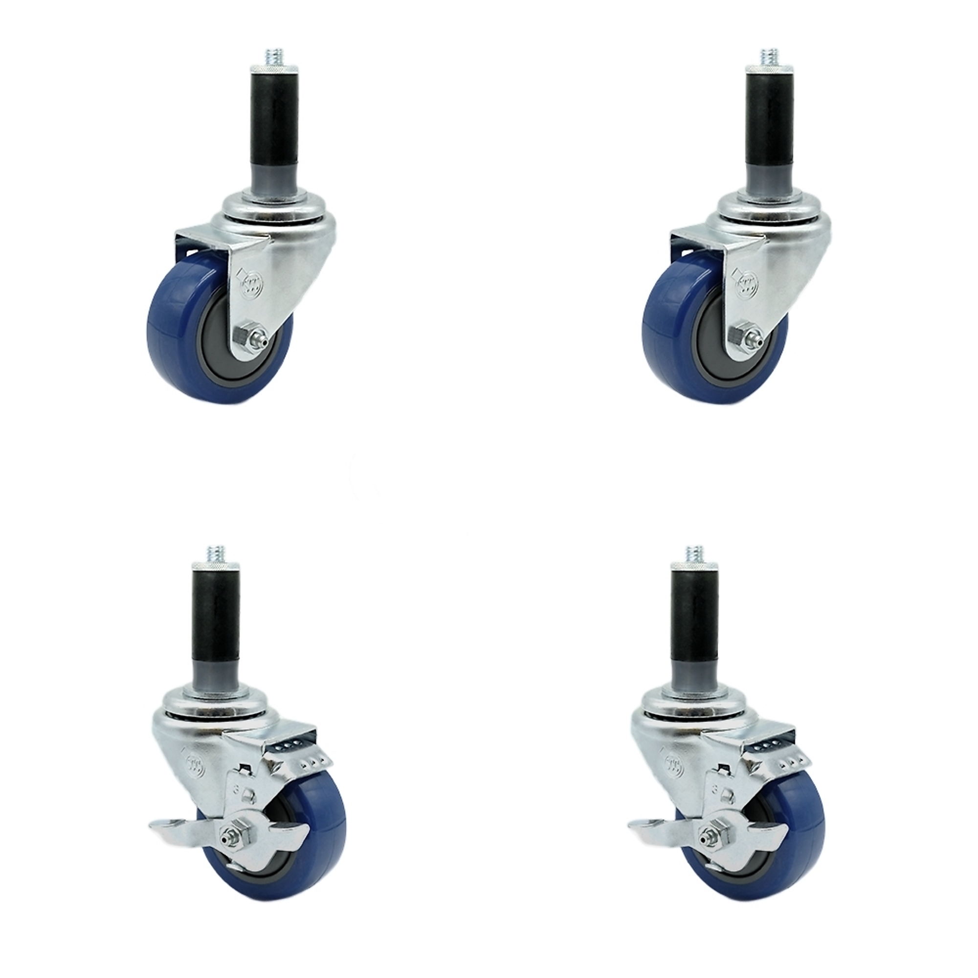 Service Caster, 3Inch x 1 1/4Inch Stem Casters, Wheel Diameter 3 in, Caster Type Swivel, Package (qty.) 4, Model SCC-SSEX20S314-PPUBBLU-2-TLB-2-MTG43