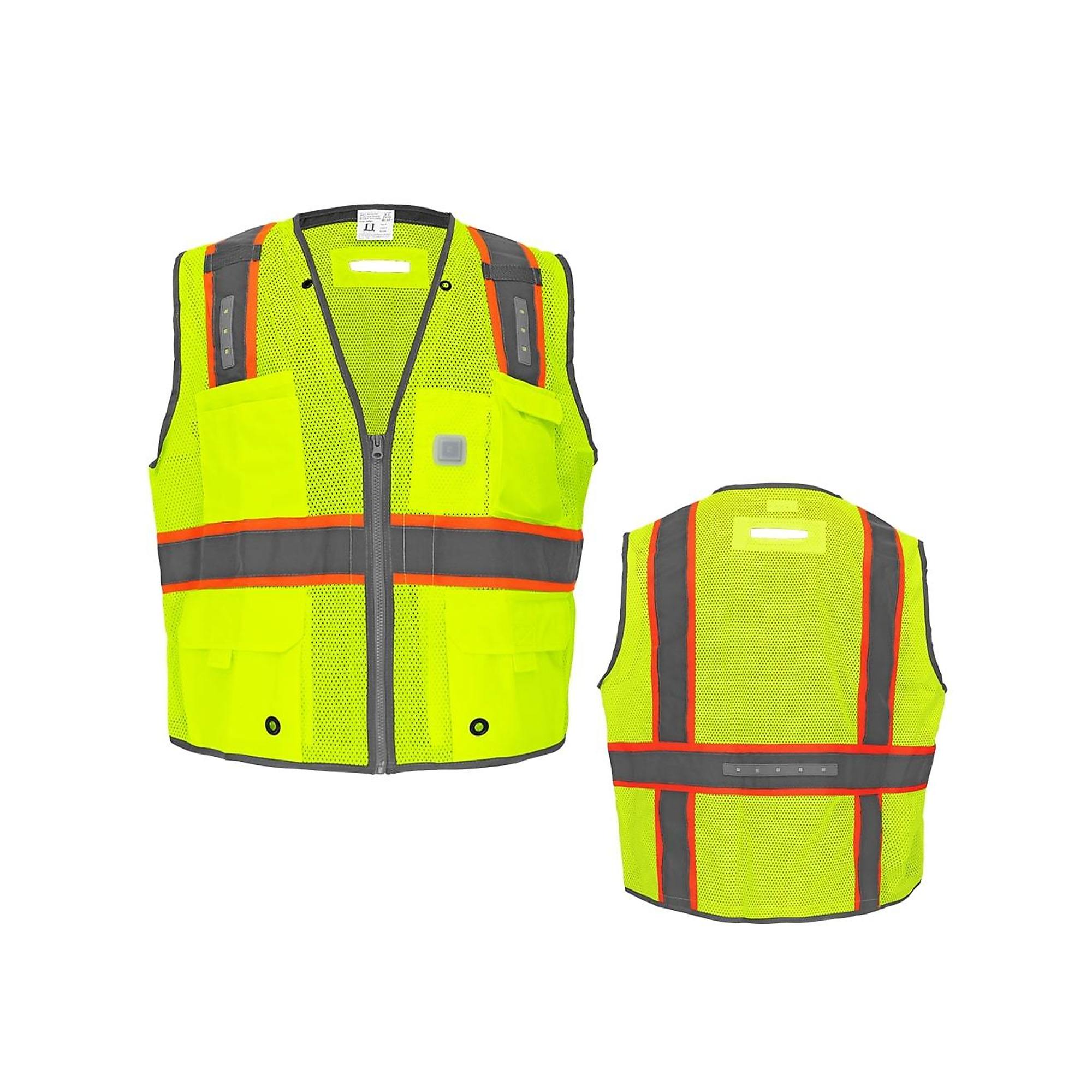 FrogWear, HV Yellow/Green, Class 2 LED Lights, 7 Pockets, Mesh Vest, Size 5XL, Color High-Visibility Yellow/Green, Model GLO-15LED-5XL