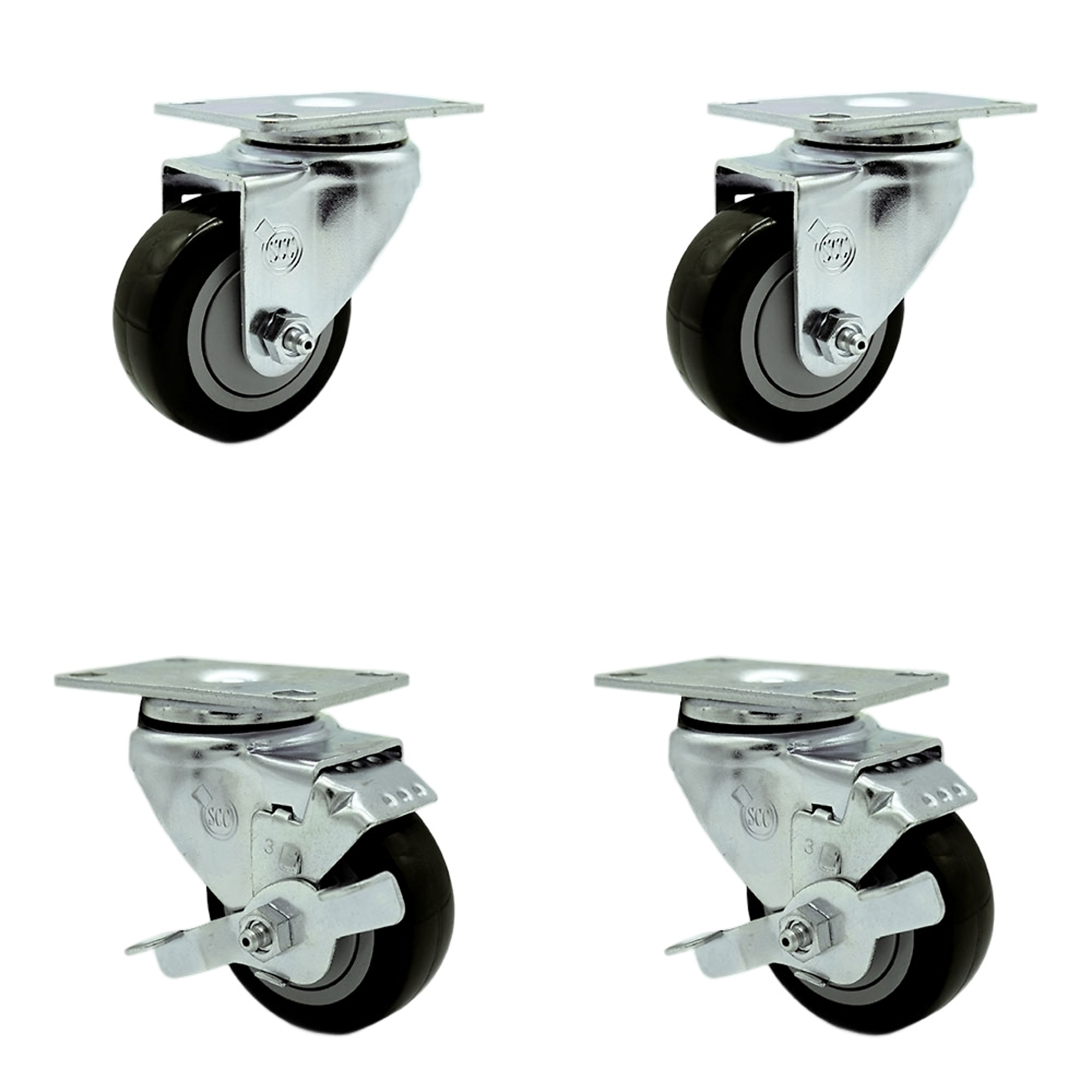 Service Caster, 3Inch x 1 1/4Inch Plate Casters, Wheel Diameter 3 in, Caster Type Swivel, Package (qty.) 4, Model SCC-20S314-PPUB-BLK-2-TLB-2