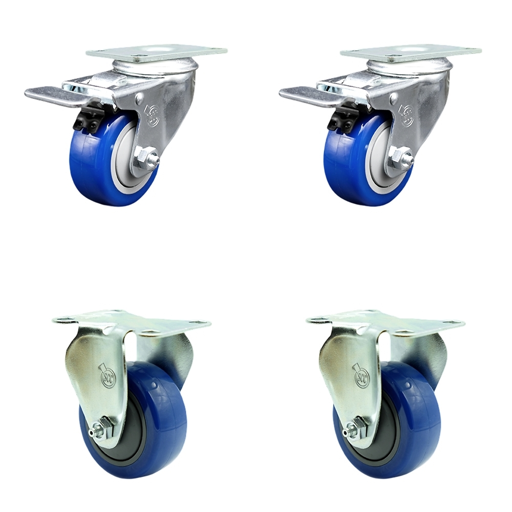 Service Caster, 3Inch x 1 1/4Inch Stem Casters, Wheel Diameter 3 in, Caster Type Swivel, Package (qty.) 4, Model SCC-TTL20S314-PPUB-BLUE-2-R-2