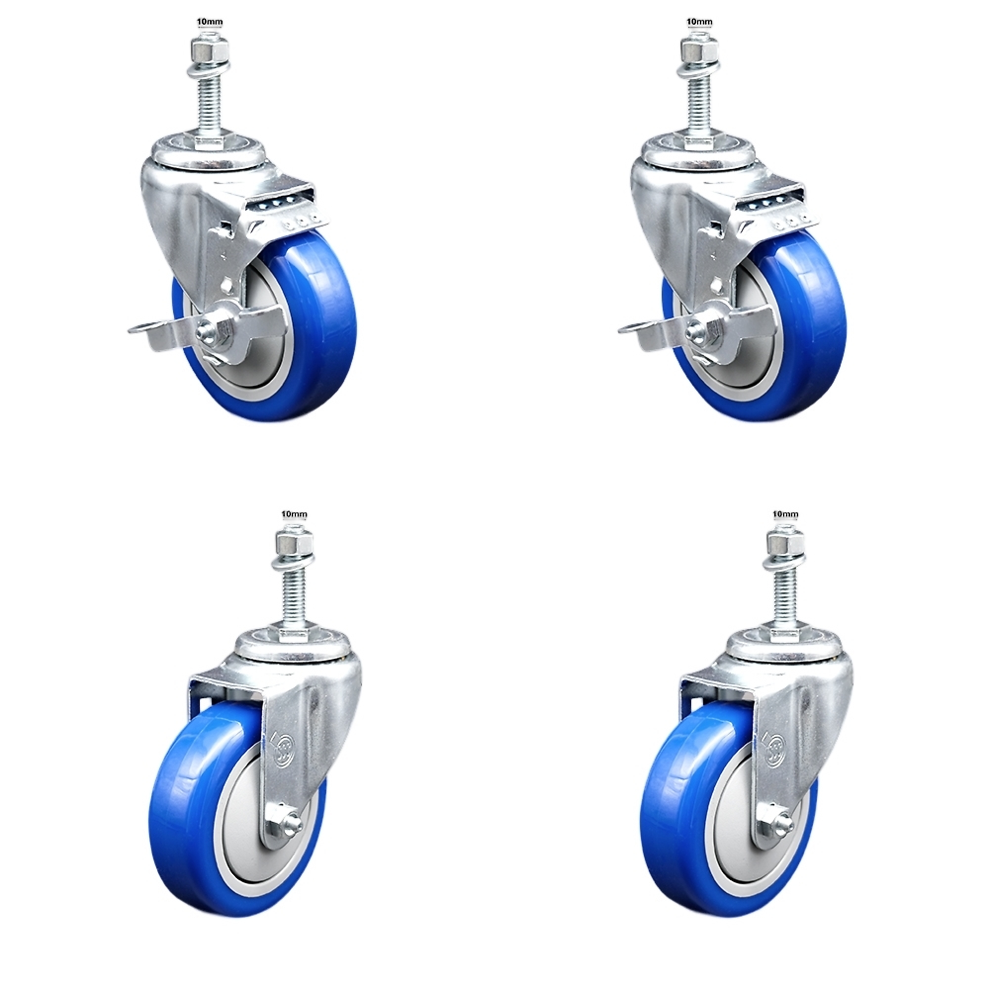 Service Caster, 4Inch x 1 1/4Inch Stem Casters, Wheel Diameter 4 in, Caster Type Swivel, Package (qty.) 4, Model SSTS20S414-PPUB-BLUE-TLB-M1015-2-S-2