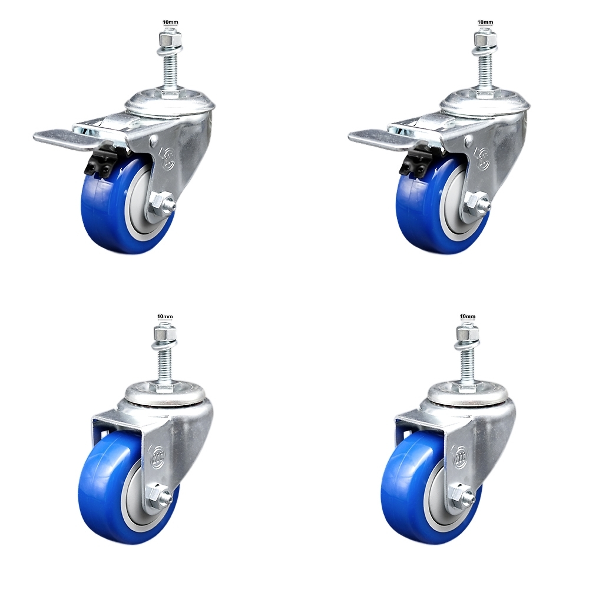 Service Caster, 3Inch x 1 1/4Inch Stem Casters, Wheel Diameter 3 in, Caster Type Swivel, Package (qty.) 4, Model SSTSTTL20S314-PPUB-BLUE-M1015-2-S-2