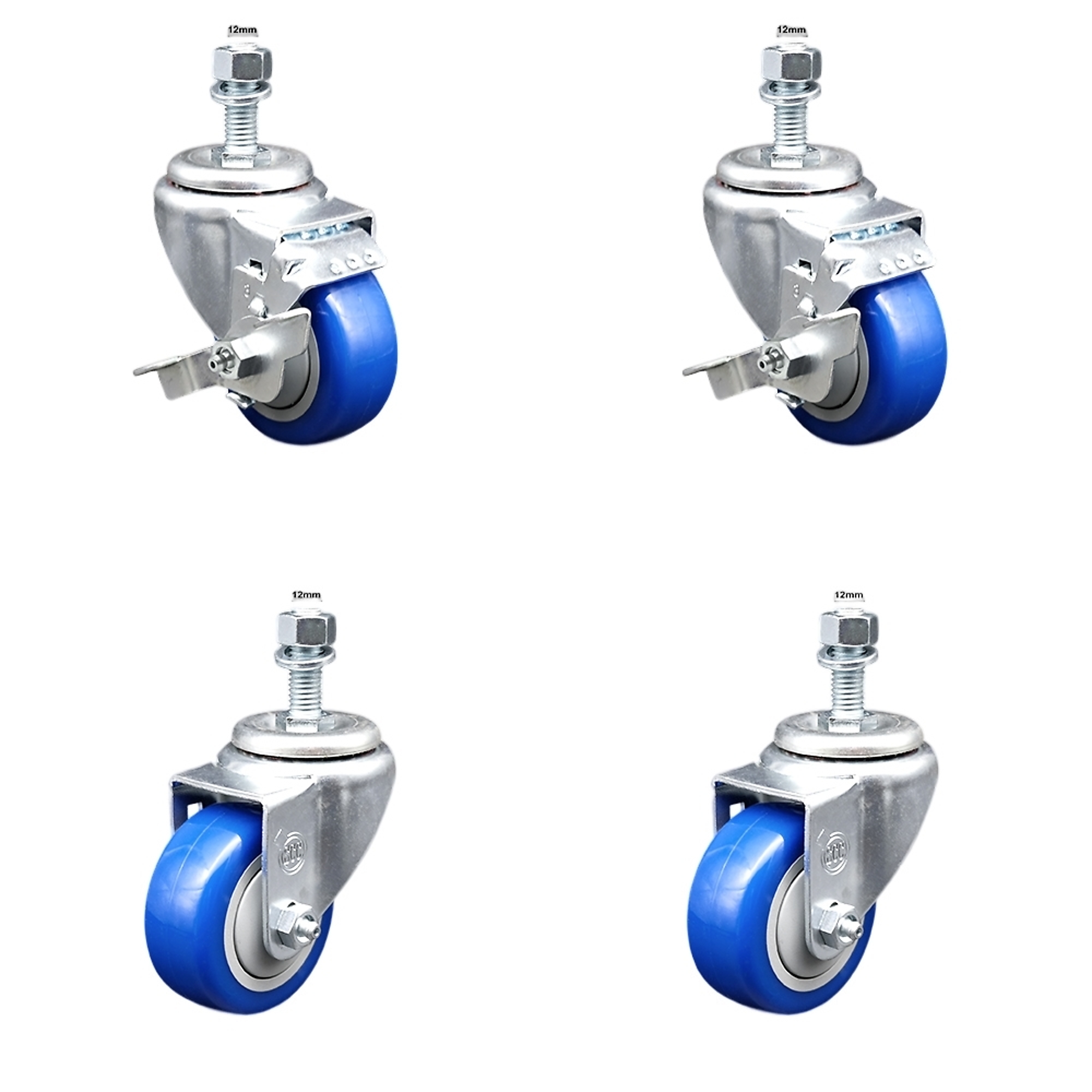 Service Caster, 3Inch x 1 1/4Inch Stem Casters, Wheel Diameter 3 in, Caster Type Swivel, Package (qty.) 4, Model SSTS20S314-PPUB-BLUE-TLB-M1215-2-S-2