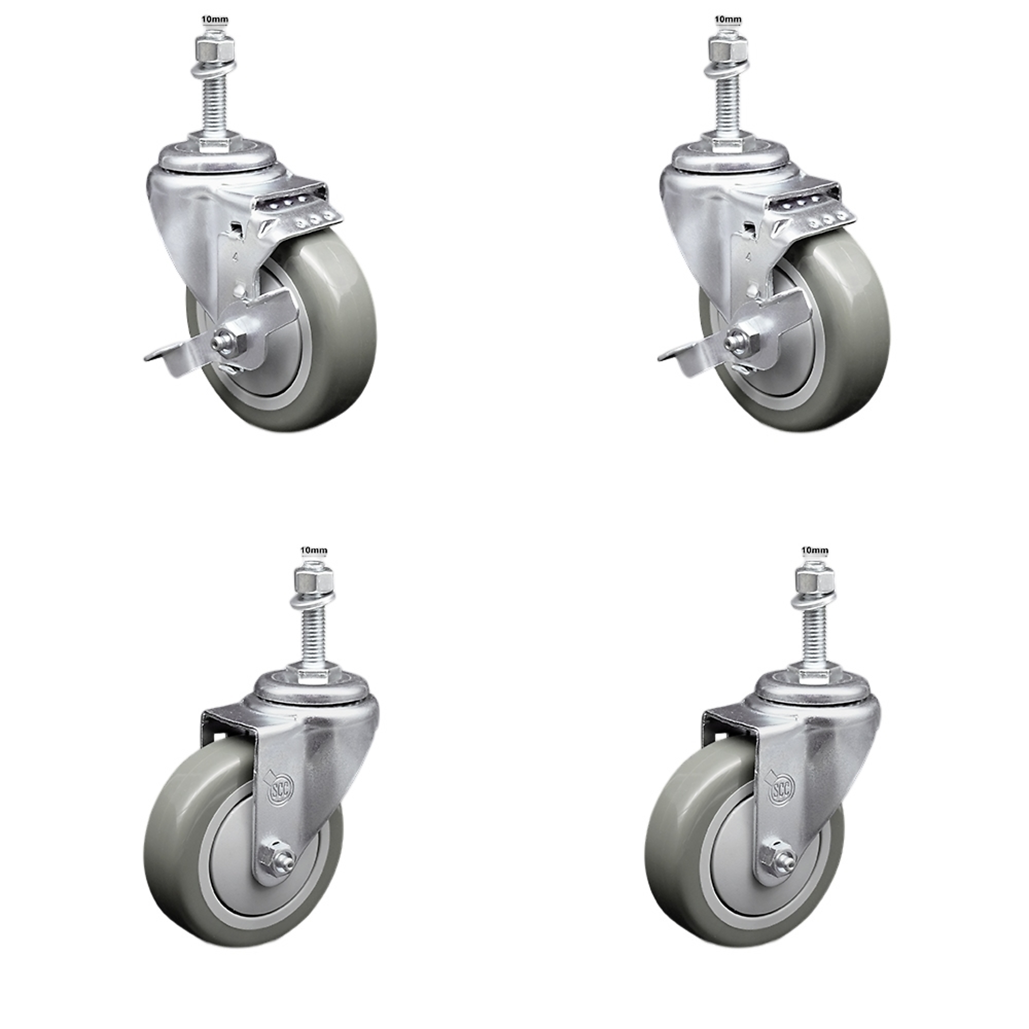 Service Caster, 4Inch x 1 1/4Inch Stem Casters, Wheel Diameter 4 in, Caster Type Swivel, Package (qty.) 4, Model SCC-SSTS20S414-PPUB-TLB-M1015-2-S-2