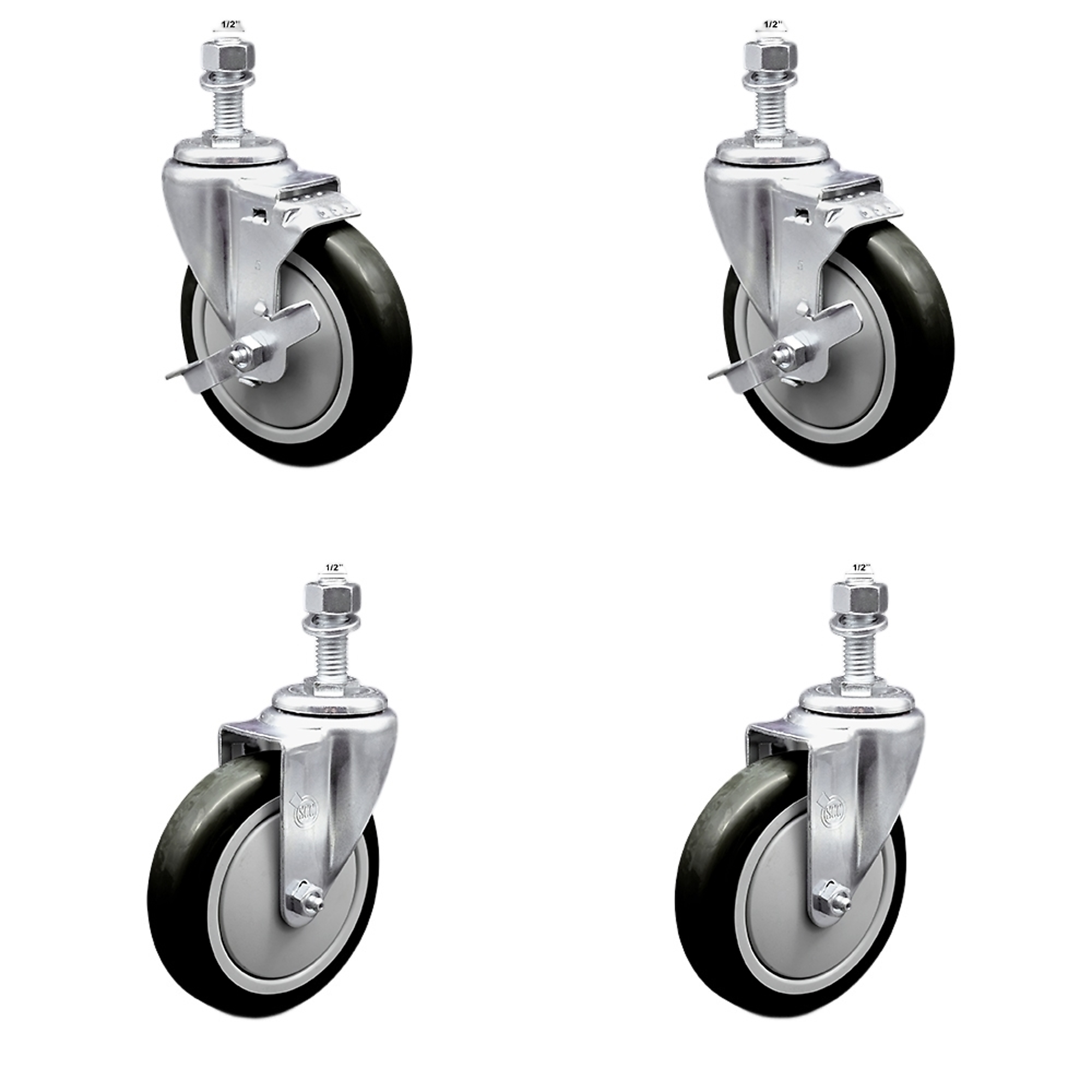 Service Caster, 5Inch x 1 1/4Inch Stem Casters, Wheel Diameter 5 in, Caster Type Swivel, Package (qty.) 4, Model SCC-TS20S514-PPUB-BLK-TLB-121315-2S2