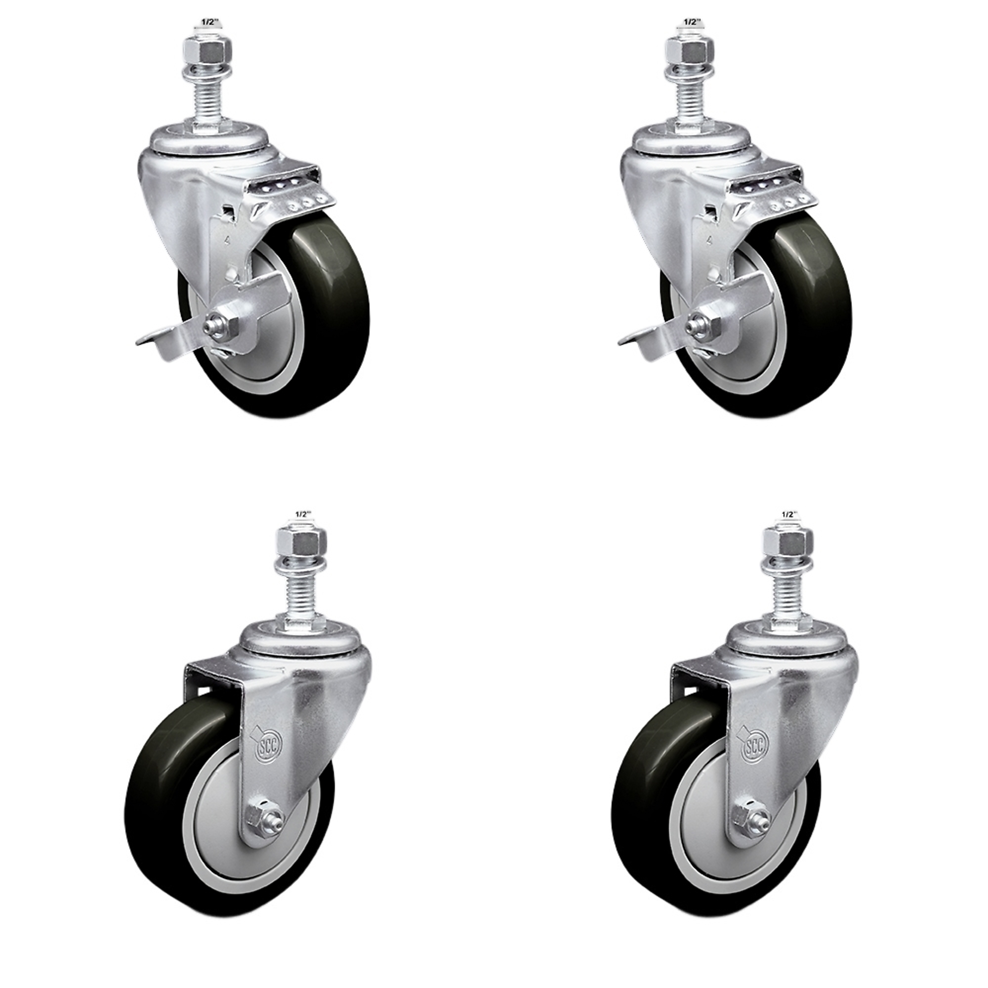 Service Caster, 3 1/2Inch x 1 1/4Inch Stem Casters, Wheel Diameter 4 in, Caster Type Swivel, Package (qty.) 4, Model SSTS20S414-PPUB-BLK-TLB-121315-2-